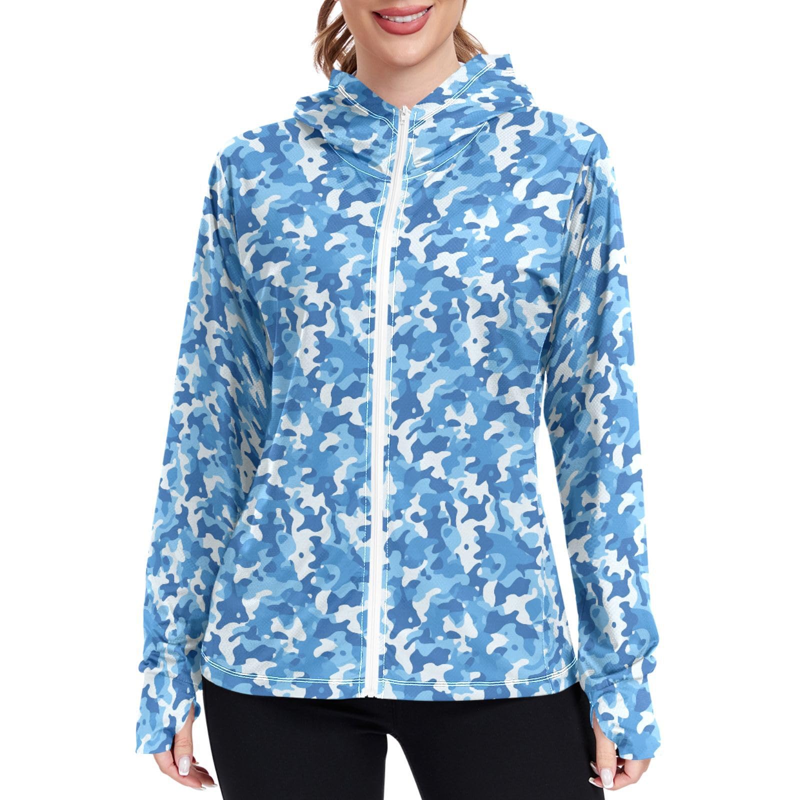 Camo in Blue Women Sun Protection Hoodie Jacket Lightweight Womens Zip Up Jackets UPF 50+