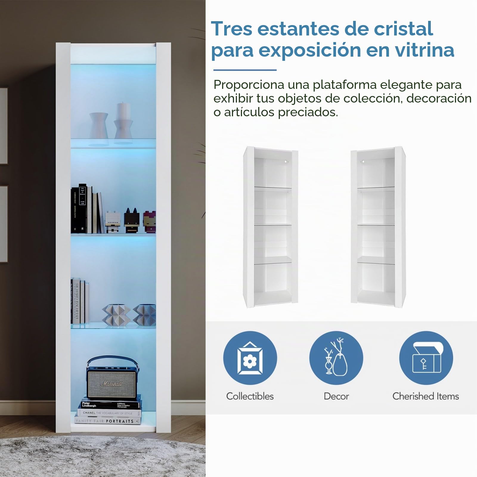 KOMHTOM Armario de vitrina blanco brillante con LED, armario estrecho de esquina con tres paredes de cristal, armario multiusos para salón, dormitorio, pasillo, comedor