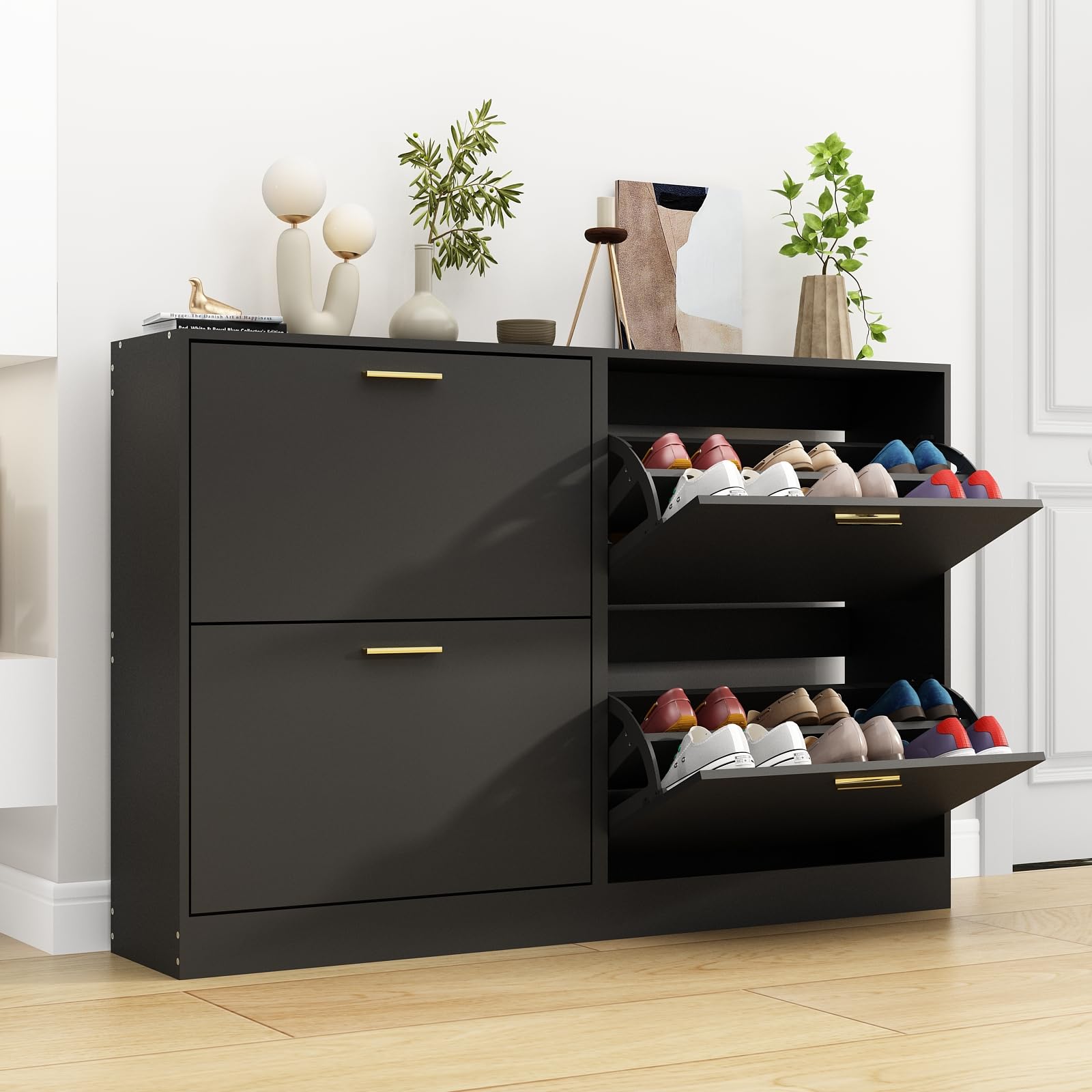 Shoe Cabinet with 2 Flip Drawers Set of 2, Narrow Shoe Storage Cabinet for Entryway, Freestanding Hidden Shoe Organizer for Hallway, Bedroom, Apartment