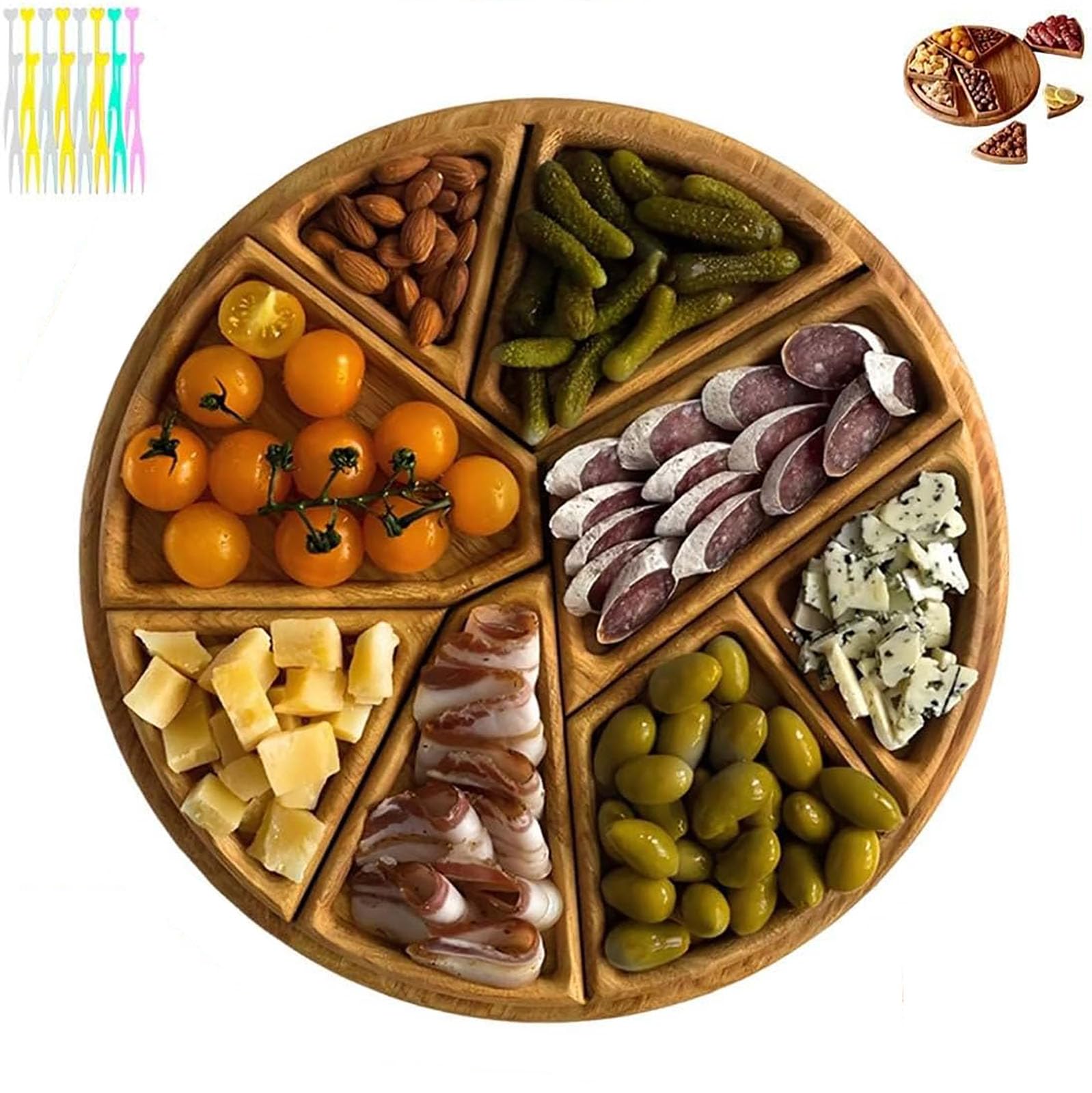 Bandeja de madera para servir con 8 compartimentos extraíbles, perfecta para fiestas y eventos, ideal para comida y frutas, elegante mesa de café y decoración de cocina, 25 x 25 cm