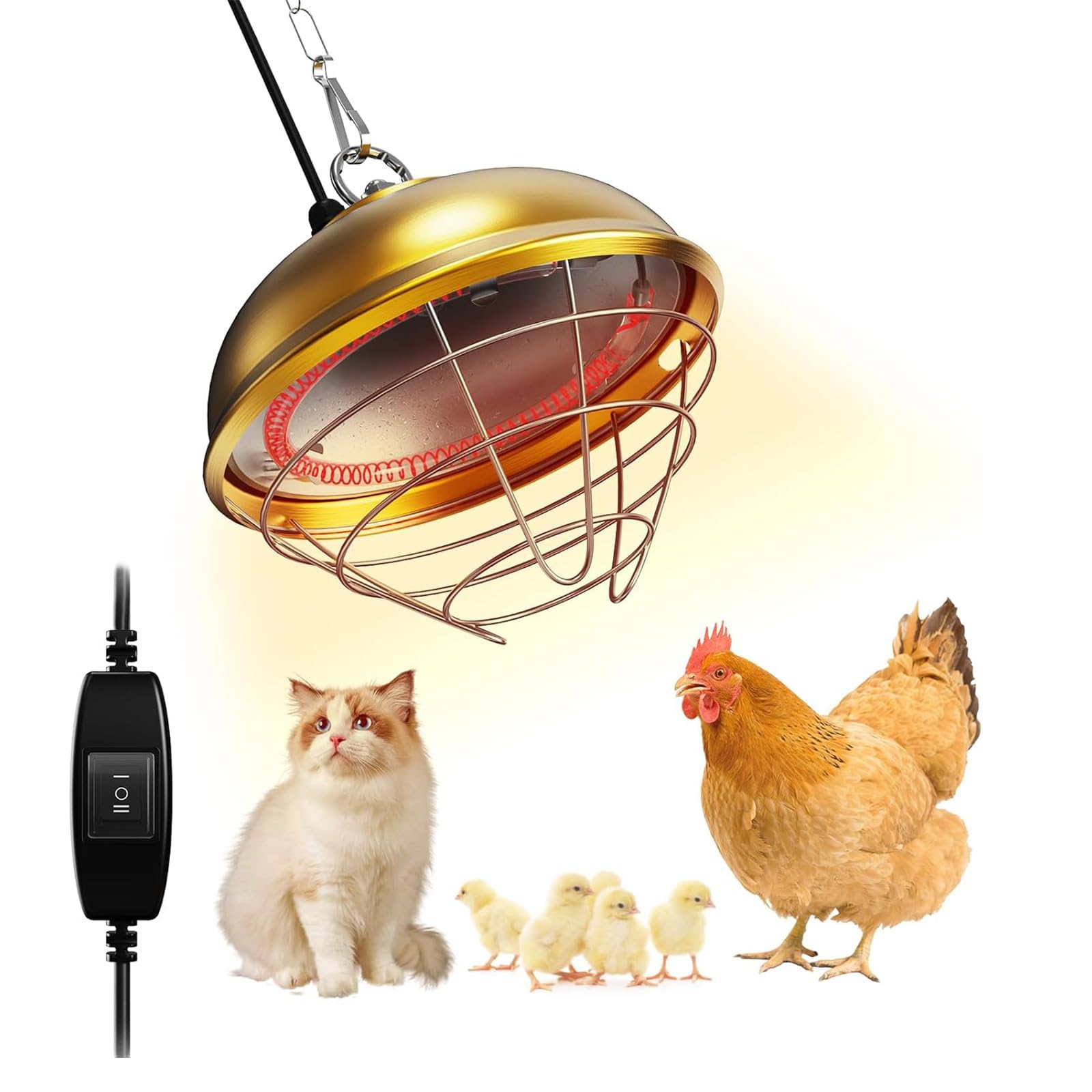 Calentador de gallinero, lámpara de calor para pollos de 550 W, bobina calefactora de fibra de carbono, con temperatura de calentamiento ajustable, altura para colgar, pantalla de aleación de aluminio