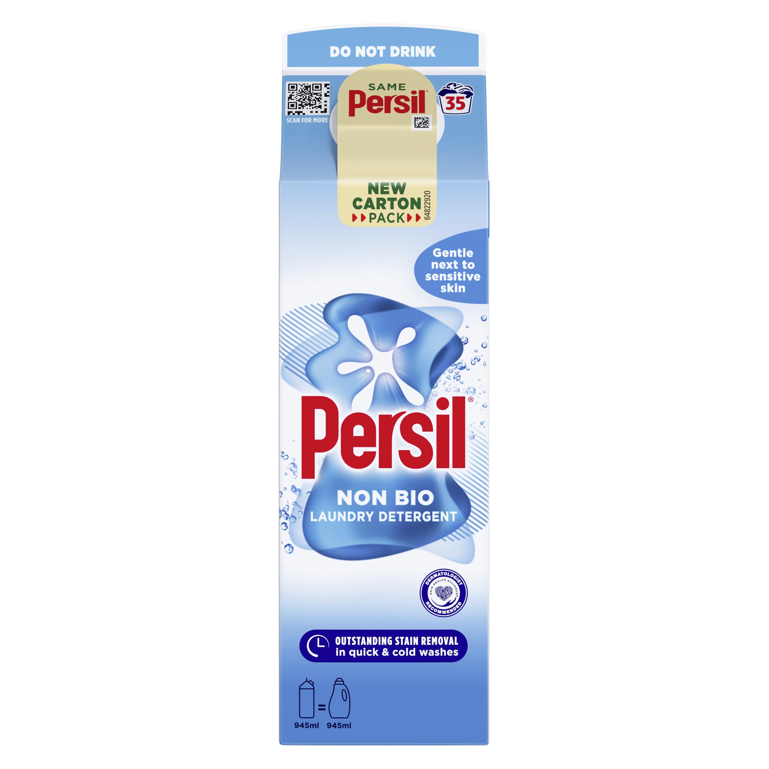 Persil (Non-Bio) Gentle Fabric Clean Laundry 35 Washes Detergent 945Ml, 6Pk
