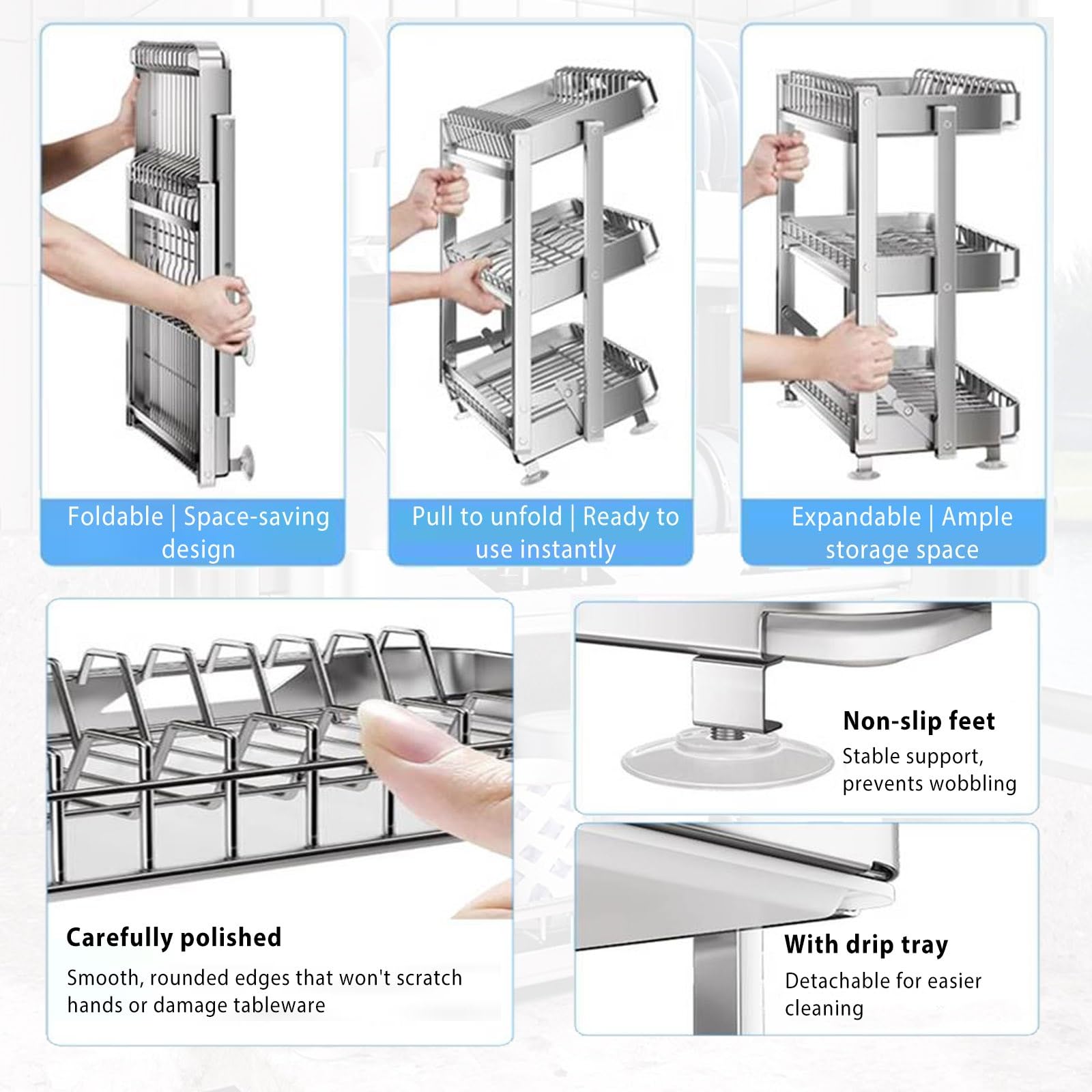 Escurridor de platos de 2 niveles con bandeja de drenaje, organizador de cocina para platos, vasos, cuencos, cubiertos, solución de almacenamiento y organización de pie