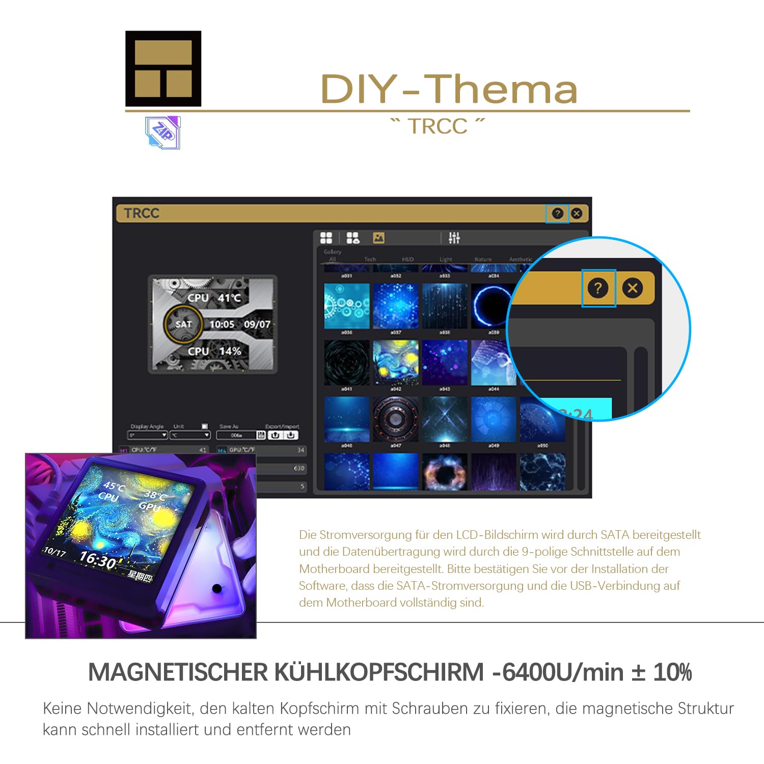 TR-Thermalright Grand Vision 360 ARGB Bianco, ventola di raffreddamento CPU con schermo LCD IPS da 3,4 pollici con risoluzione 480x480, magnete, tema schermo fai-da-te, per AM4/AM5, LGA1851/1700/115x