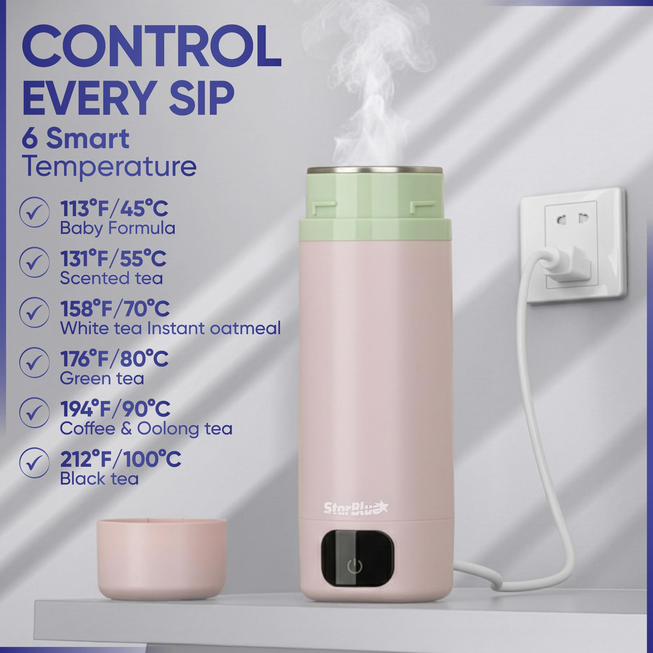StarBlue Bouilloire de voyage portable rose, 350 ml, bouilloire électrique avec tension globale, 6 modes de température, affichage commutable ℃/℉, chaudière à eau compacte pour la maison et le bureau