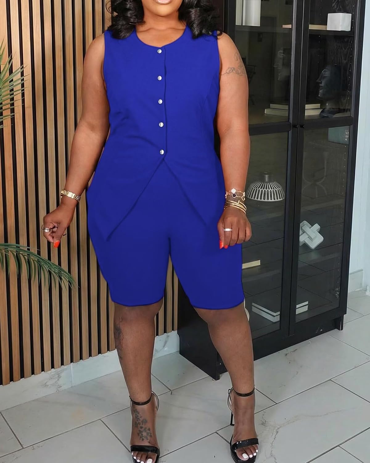 Women's Plus Size Summer 2 Piece Outfits Sleeveless Matching Sets Button Down Crew Neck Vest Waistcoat and Pockets Shorts - Image 3