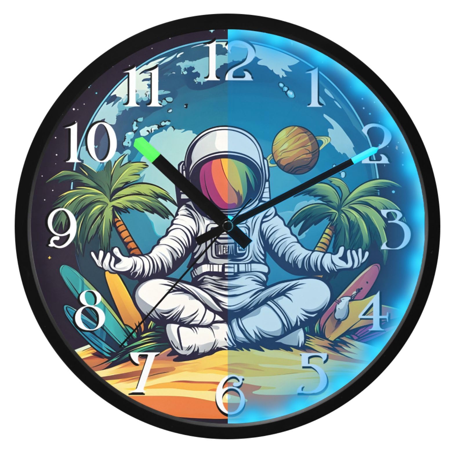 Mnsruu Earth Beach - Reloj de pared luminoso con diseño de astronauta y palmera, funciona con pilas, silencioso, brilla en la oscuridad, para sala de estar, cocina, 12 pulgadas