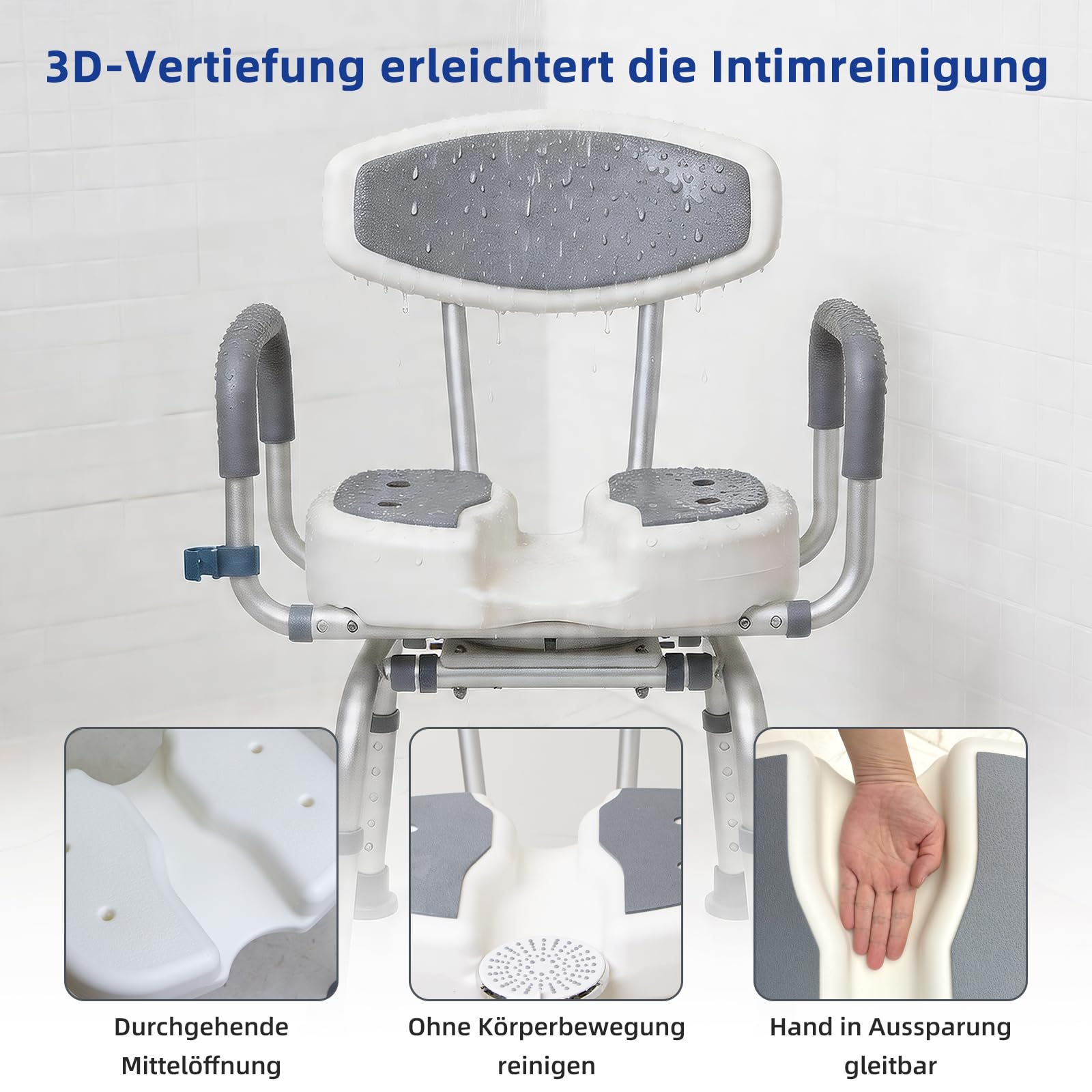 EasyVibe Duschstuhl 360° Drehbar für Senioren, 52cm Breiter Duschhocker mit 3D U-Ausschnitt, 1,25mm Aluminiumrahmen, Gepolsterte Armlehnen, Belastbar bis 150kg