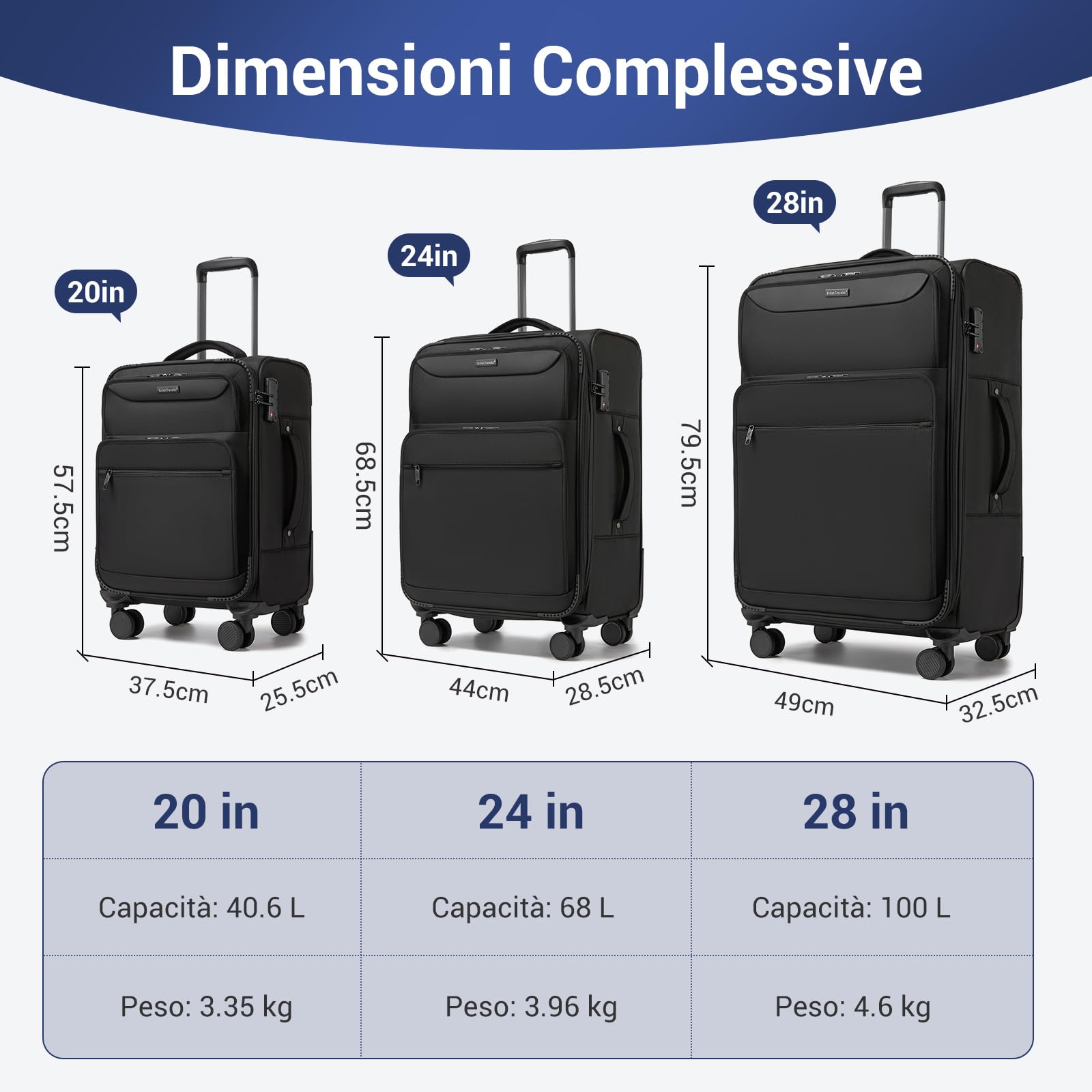 British Traveller Valigia Grande Rigida 79.5cm con Capacità Estendibile e 4 Ruote Rotanti TSA, Nero