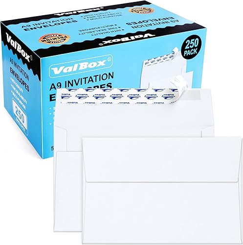 ValBox Sobres de invitación A9, 250 sobres blancos autosellados de 5-34 x 8-34 pulgadas, para invitaciones, fotos, bodas, tarjetas de felicitación