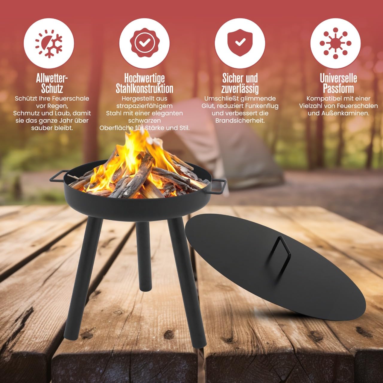 Abdeckung passend für Feuerschale Ø 60 cm, Abdeckung für Feuerstelle für den Garten, Terrasse und Balkon, Stahl,Schwarz