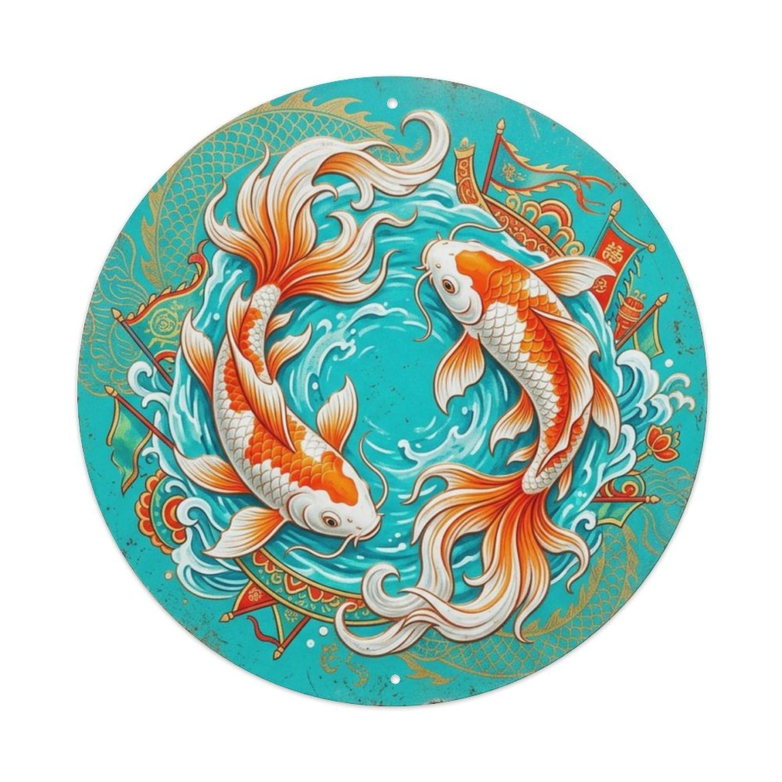 Fqcyn Style Koi Fish Turquoise Dragon Dance Livingroom Metal Tin Sign Plaque Wall Decor For Cafe, Club Bar, Office, Home Garden Round Metal Poster 8X8inch