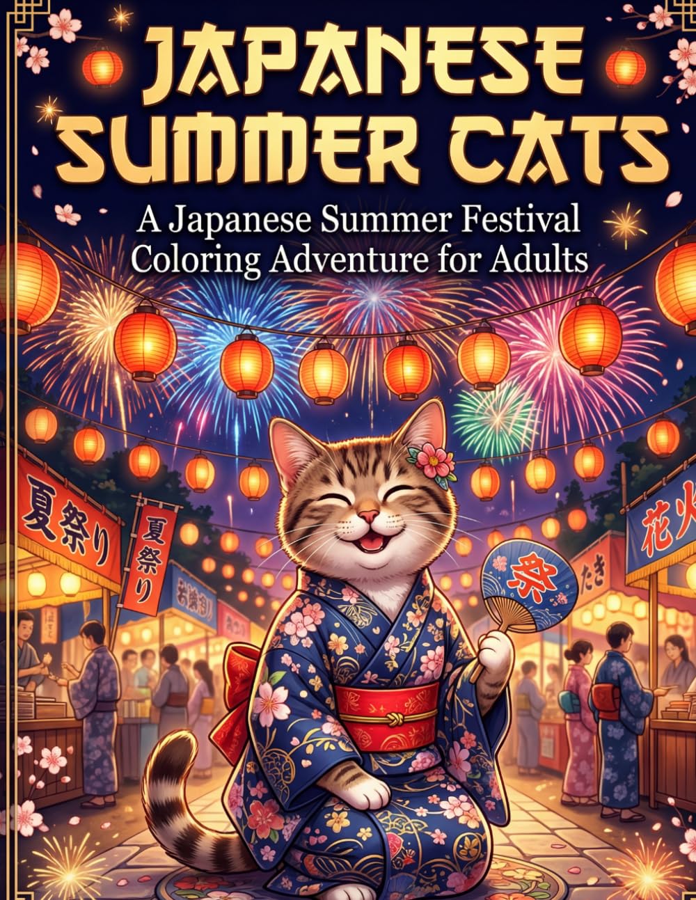 Japanese Summer Cats: A Japanese Summer Festival Coloring Adventure for Adults