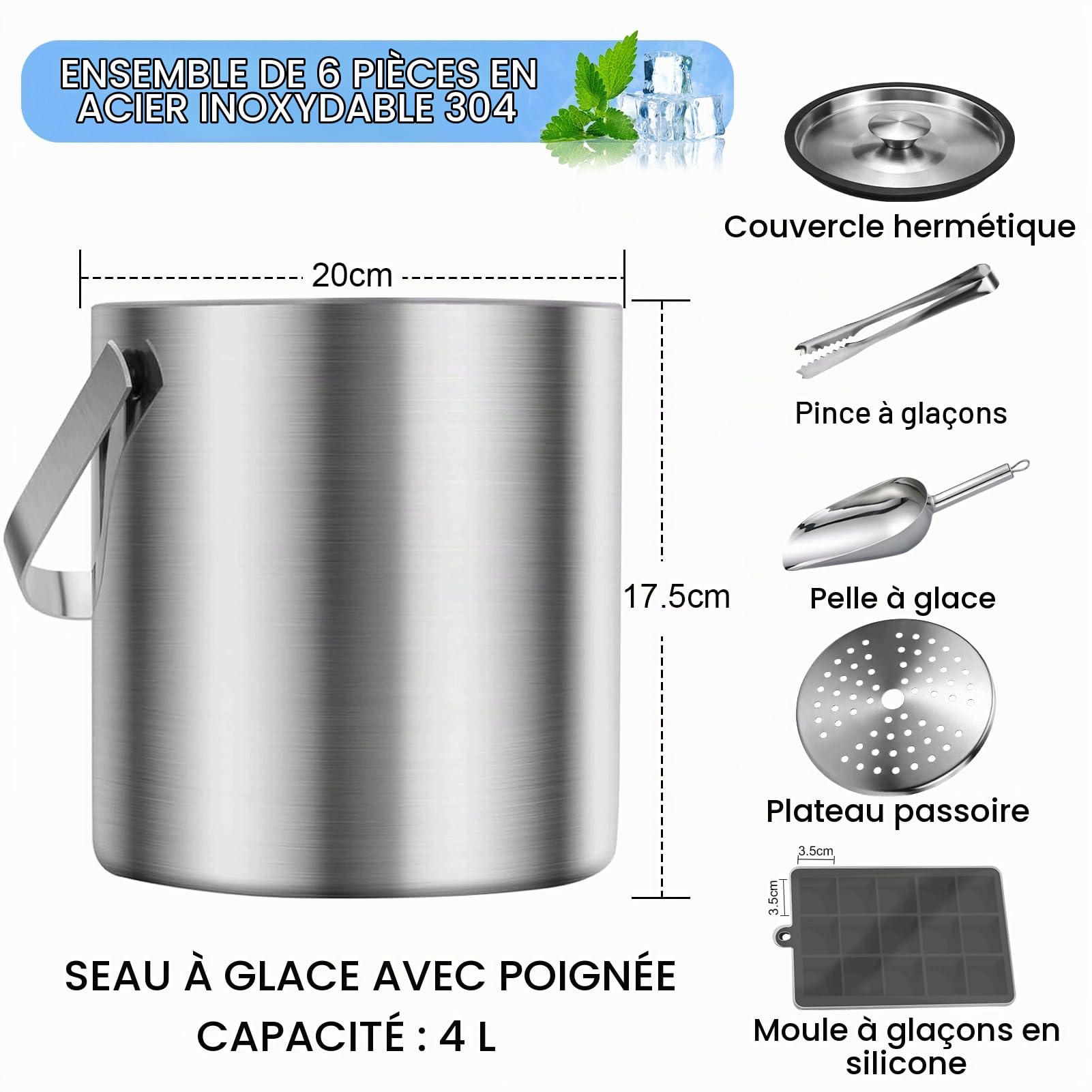 Seau à Glace en Acier 4L Seau à Glace Isotherme Double paroi | Seau à Champagne Inoxydable avec Couvercle, Pince à glaçons Pelle Passoire, Rafraîchisseur pour Champagne Vin Boissons Bière