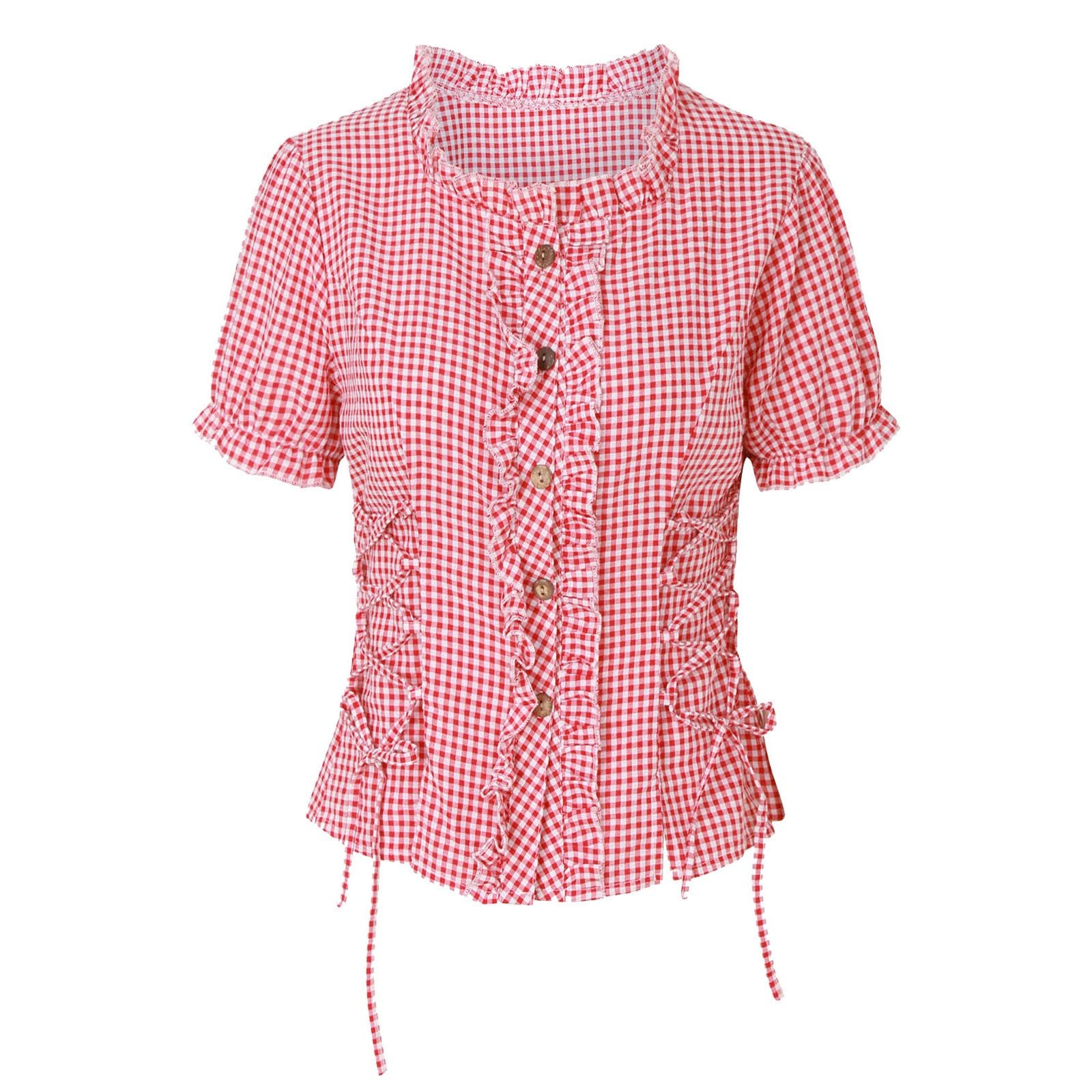 Trachtenbluse Damen Kariert, TrachtenShirt Damen Kurzarm Rot Weiß/Blau Weiß Puffärmel Trachtenblusen Edler Kordelzug Mit Rundhalsausschnitt Karohemd Für Bierfest Oktoberfest Karneval