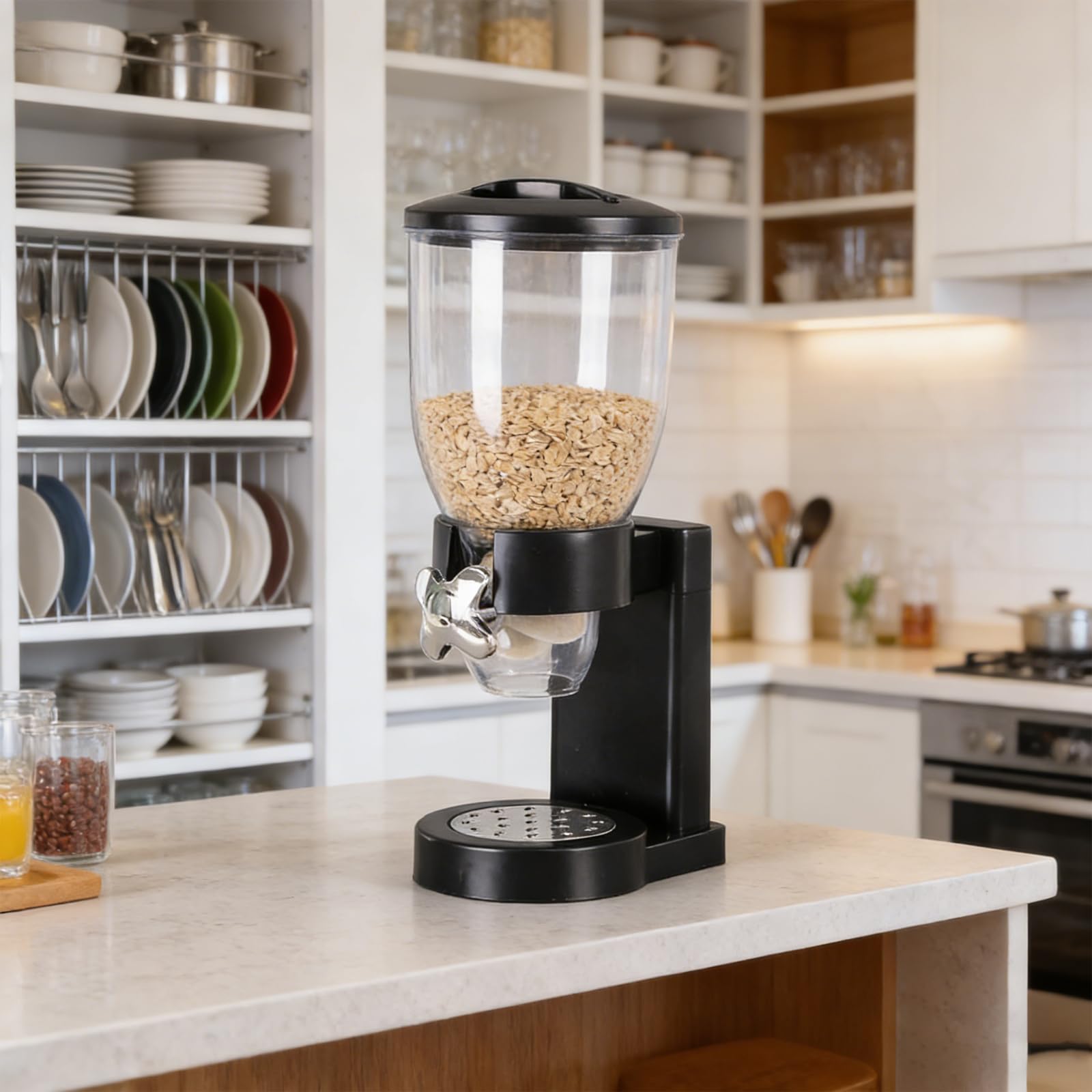 Dispenser Cereali 3.5 L, Contenitore da Cucina con Coperchio, Doppio Contenitore per Cereali, Chicchi di Caffè, Alimenti Secchi, Caramelle, Riso - Nero