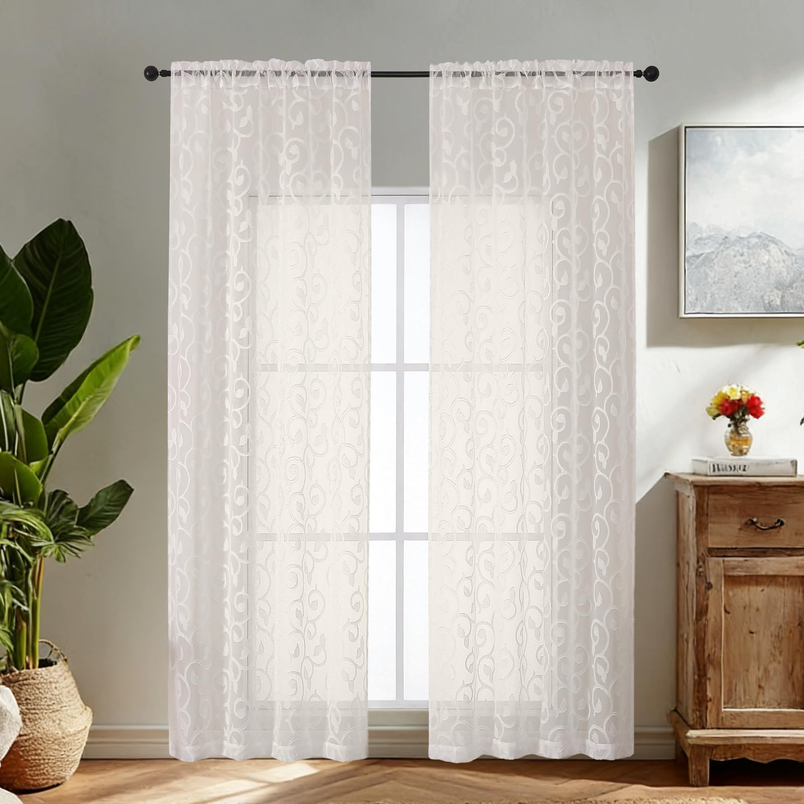 Simplebrand Ivory Sheer Voile Curtains with Embroidered Pattern, 2 Panels 140x220cm, Dual Rod Pocket Light Filtering Bedroom Curtains
