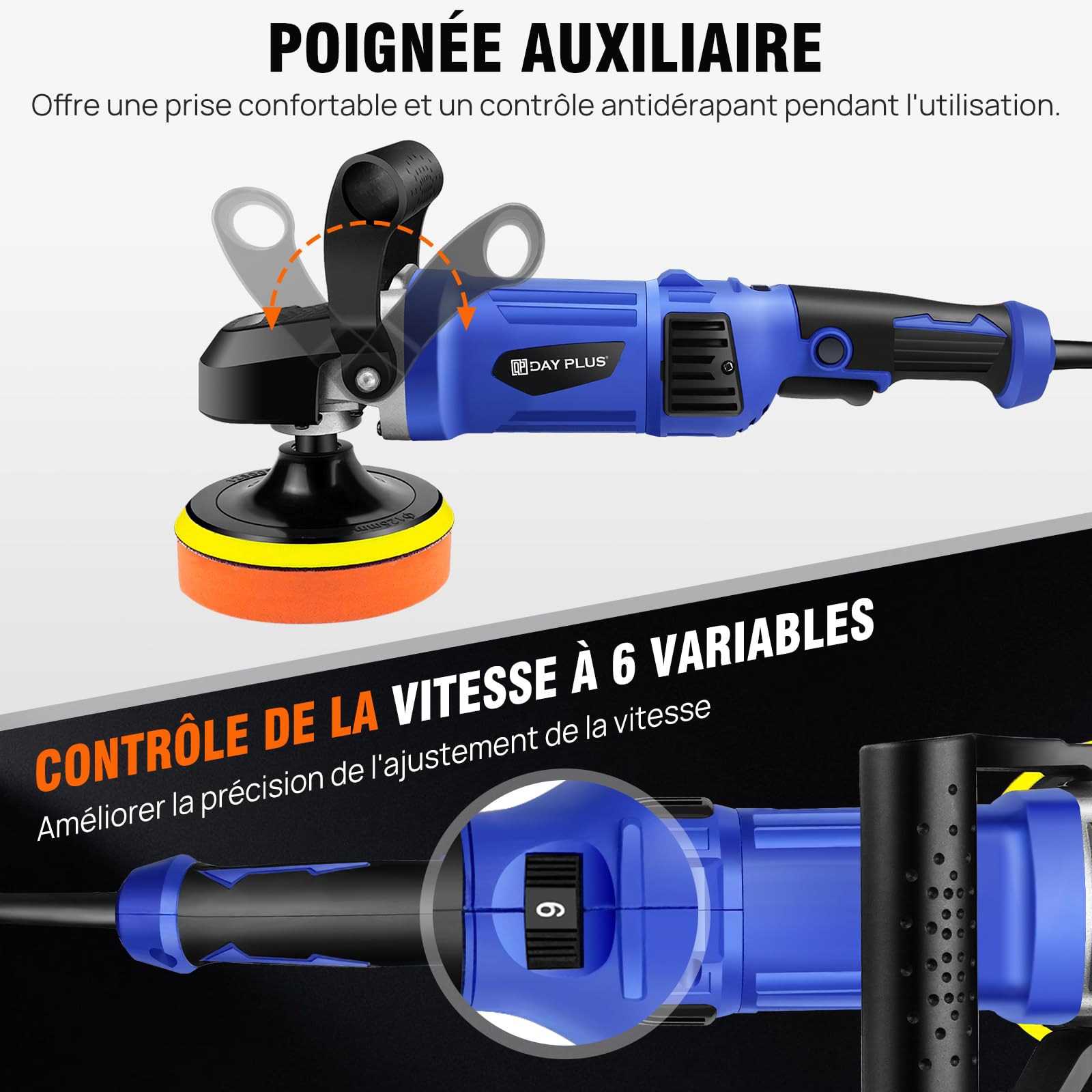 Polisseuse de voiture 1400W Polisseuses électriques portables Polisseuses et polisseuses rotatives de voiture avec 6 vitesses variables Polisseuses de voiture pour le ponçage et le polissage