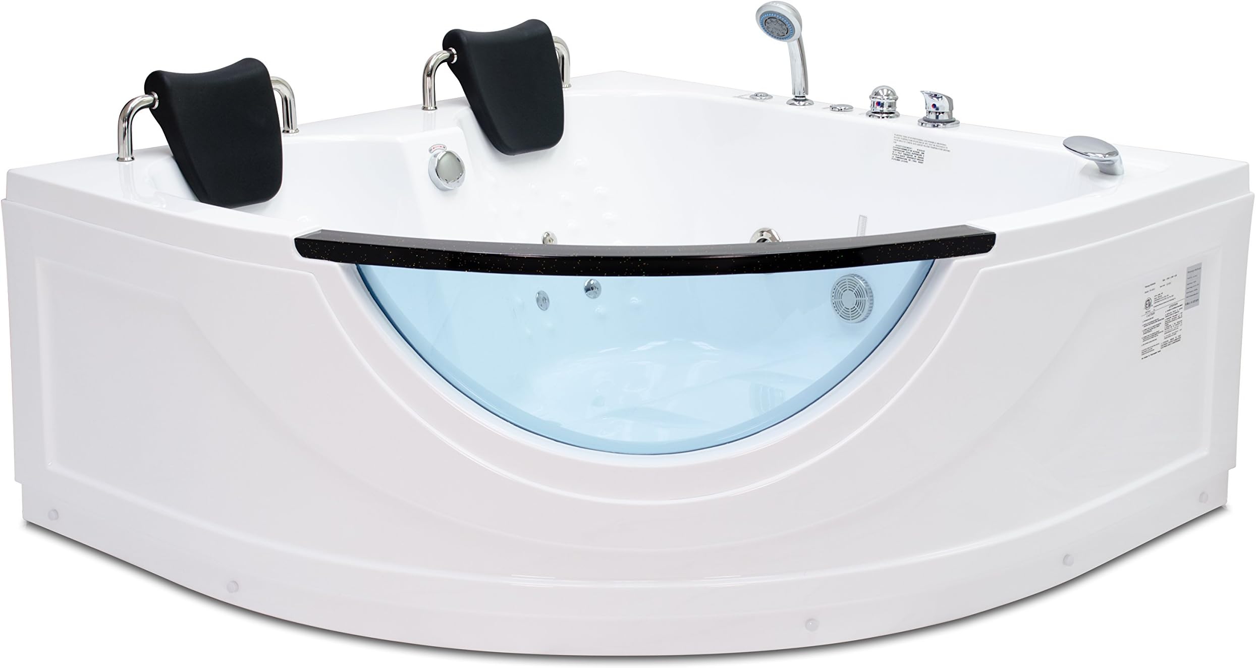Chelsea Corner Whirlpool Bathtub with 10 Water Jets and Underwater Lights | 2 Person Whirlpool Tub | Inline Heater | Decorative Clear Glass Window | Pre-Mounted Faucet & Tub Filler |
