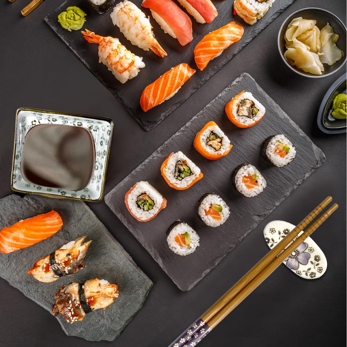 Sushi Geschirr Set für 2 Personen 6 Stück Keramik Dipschalen Set mit Pflaumenblüte Muster Perfekt als Geschenke für Paare oder Geburtstag (A2)