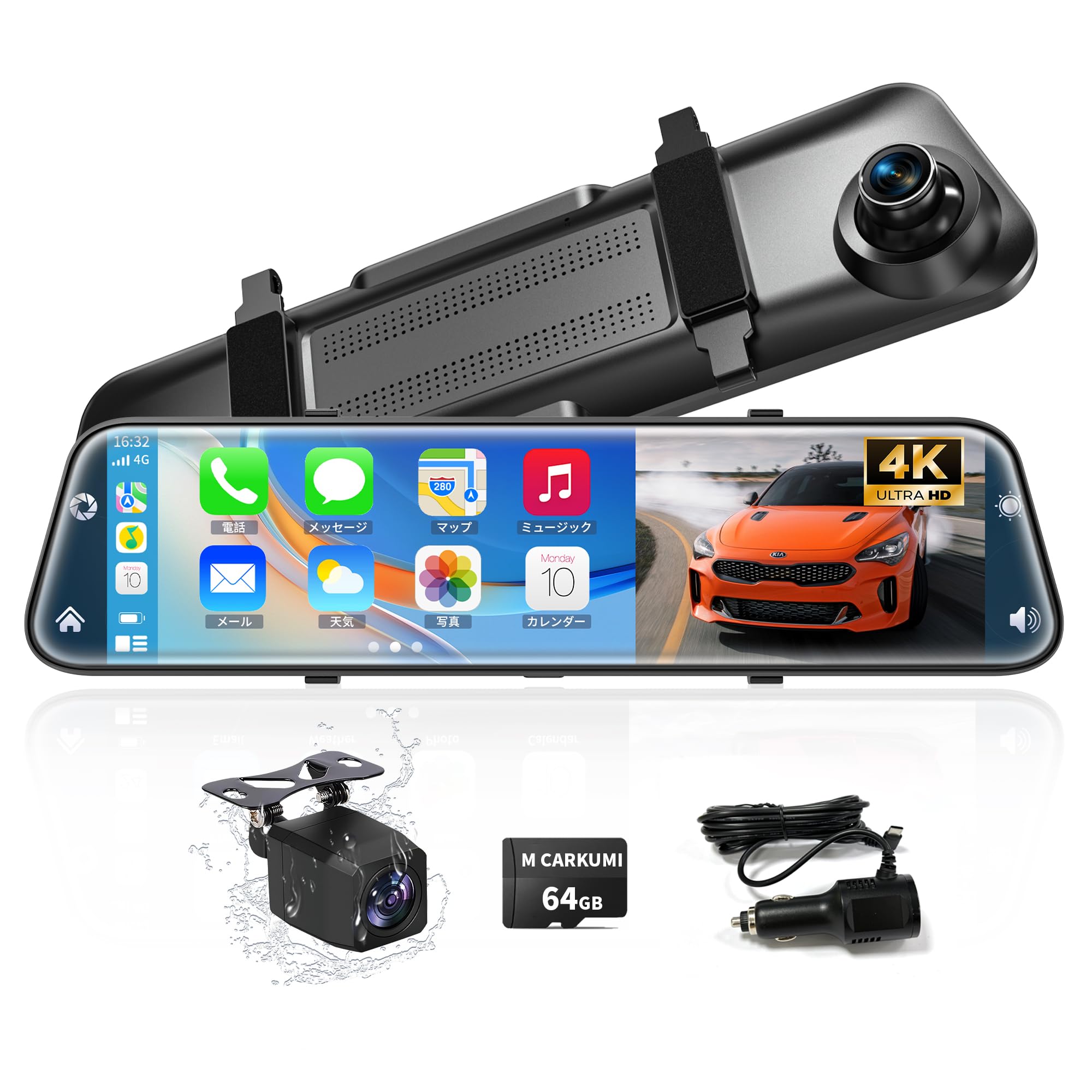 Dash Cam, Mirror Type, 4K, 12-Inch, CarPlay and Android Auto, Front and Rear Camera, Large Screen, 170° Ultra Wide Angle, Adjustable Back Guidelines, Touch Panel, Time Lapse Recording, Car