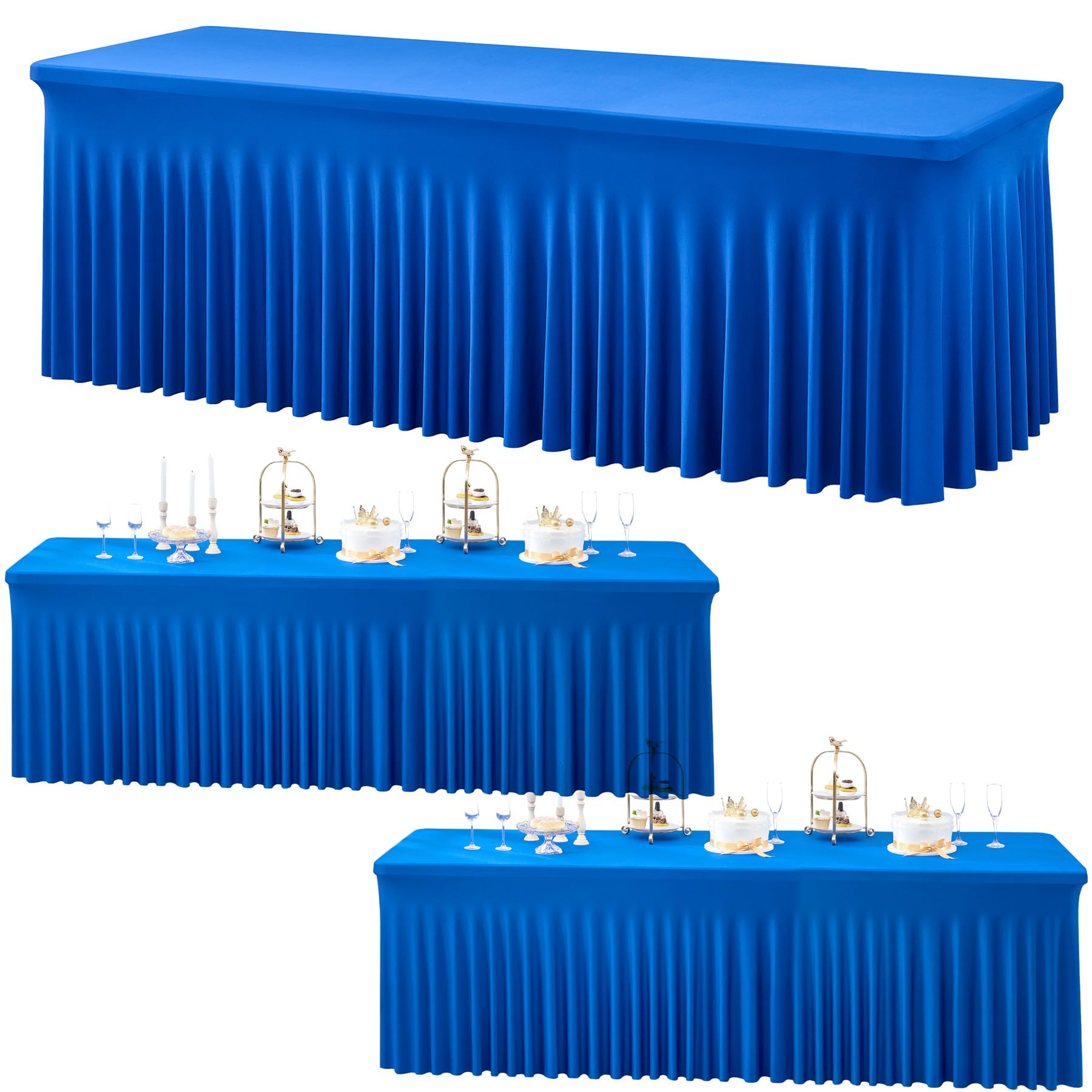 3 Packs Royal Blue Spandex Tablecloths for 8 Foot Rectangle Tables, Stretchy Fitted 8FT Blue Table Skirt for Wedding Party, Wrinkle Free Tablecloths for Banquet Wedding Birthday Party