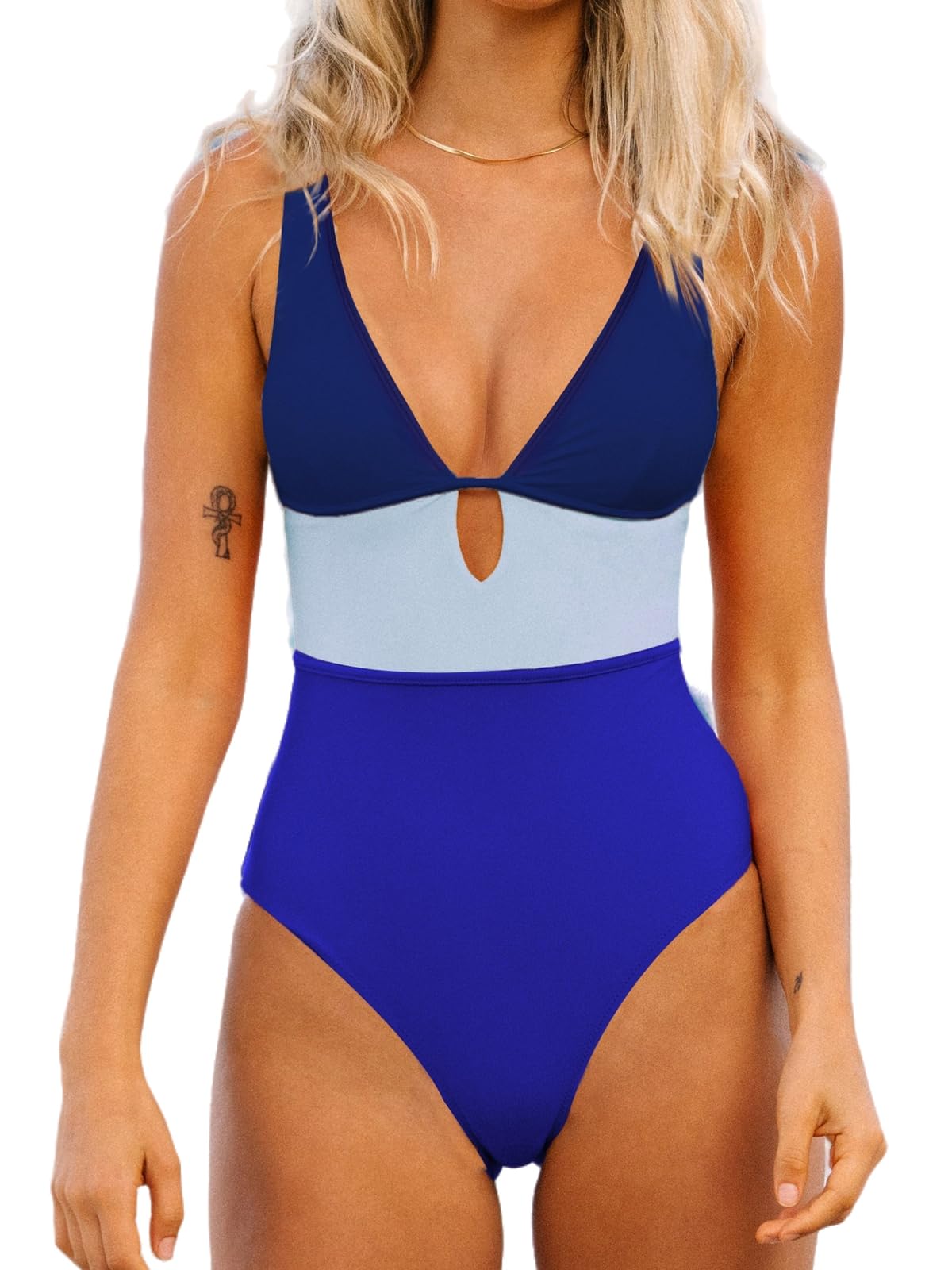 CUPSHEWomen's One Piece Swimsuit Color Block Keyhole Cutout Bathing Suit