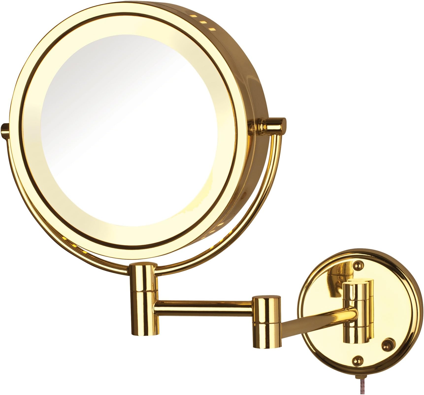 Jerdon Two-Sided Wall-Mounted Makeup Mirror With Lights - Lighted Makeup Mirror with 8X Magnification & Wall-Mount Arm - 8.5-inch Diameter Mirror with Bright Brass Finish Wall Mount - Model HL75G