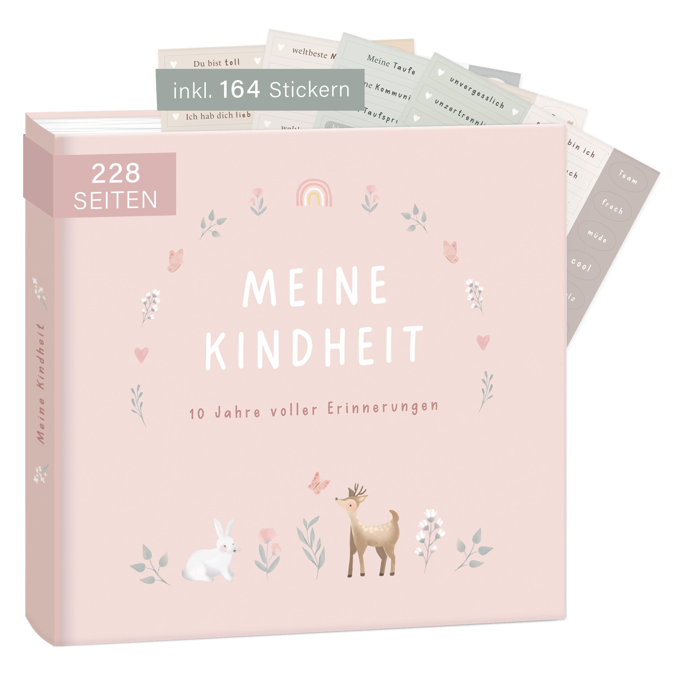 mintkind® Erinnerungsalbum Kindheit Rosa, Babybuch Mädchen mit Sticker Set, Geschenk zur Geburt, Fotoalbum Kinder, Tagebuch zum Eintragen, Erinnerungsbuch Kindheit 0–10 Jahre