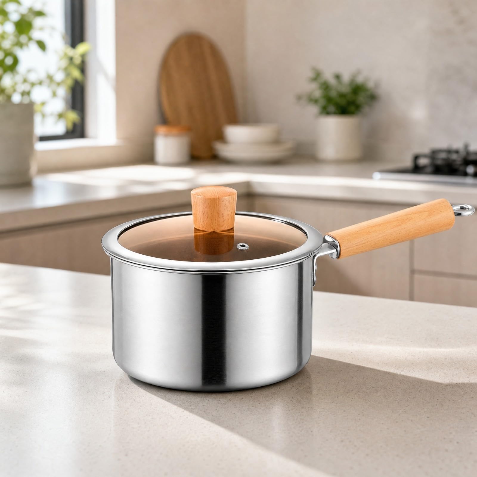 Edelstahl-Saucie mit Holzgriff-Optik induktionsgeeignet Edelstahl-Stielkassolle kompakt Suppentopf für hobbyköche, milch wärmen