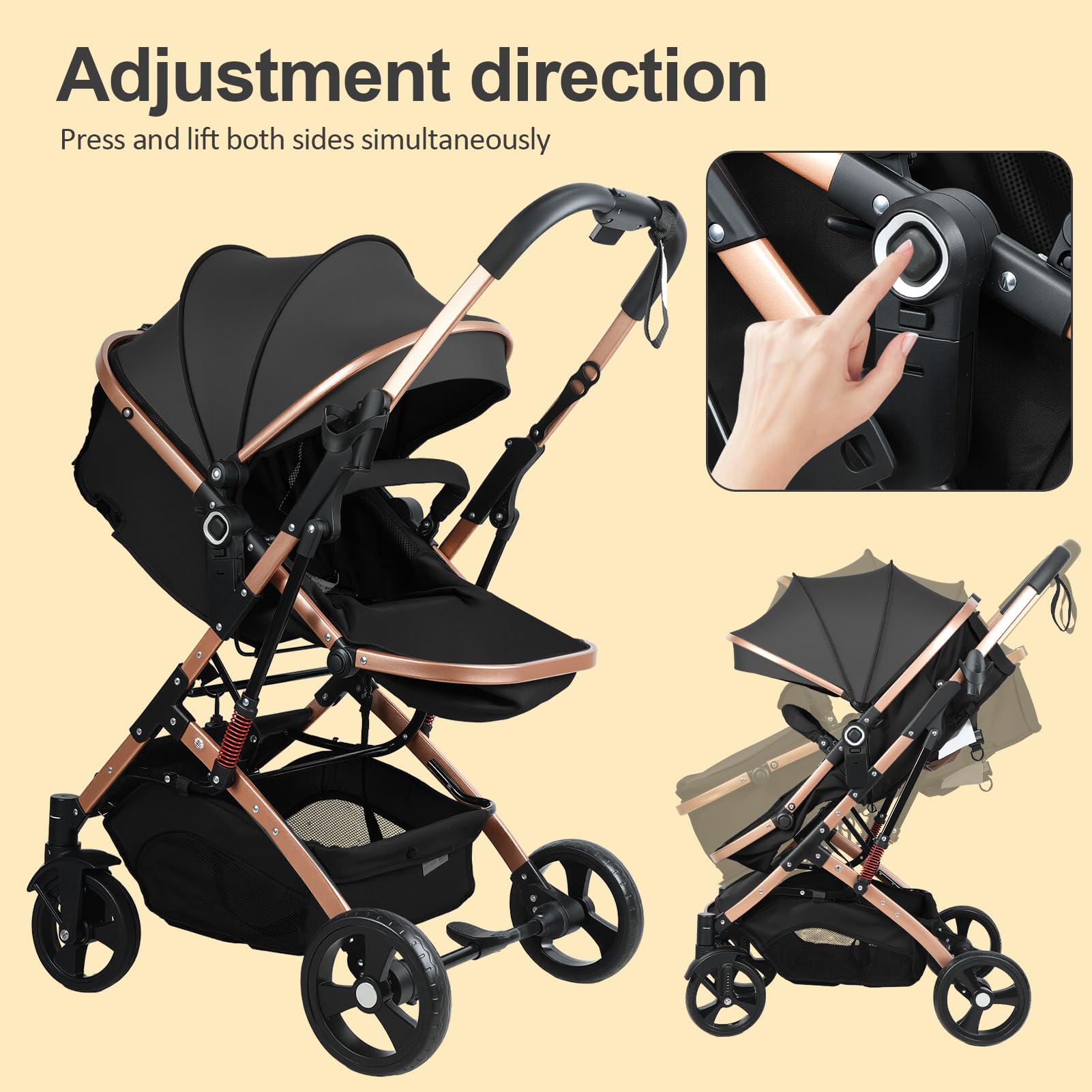 Poussette Nouveau né 2 en 1 avec, Couffin Réversible, Pliable, 0-36 Mois | siège réversible, 3 positions inclinables, pliable une main, harnais 5 points, UPF, amortisseurs, 40kg, Siège Hauteur 50cm