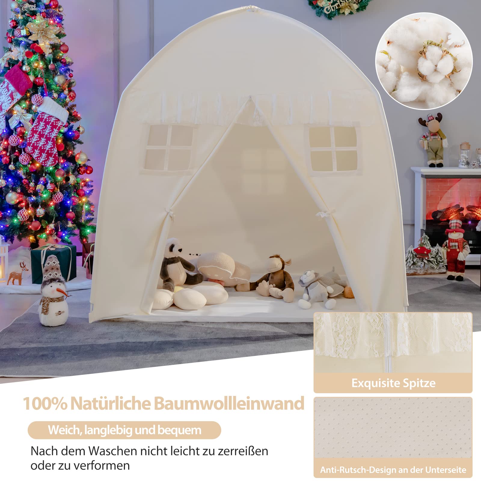 COSTWAY 143 x 100 x 155 cm Spielhaus für 2-3 Kinder, Prinzessin Prinzess Kinderzelt, Kinderspielzelt mit Fenstern und doppeltem Vorhang, Spielzelt In- & Outdoor (Beige)