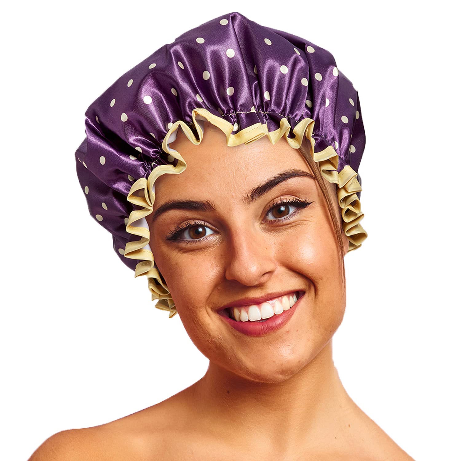 Shower Cap Reusable Bath Cap Dual layered Waterproof Mulberry & Gold Polka Dot 27cm