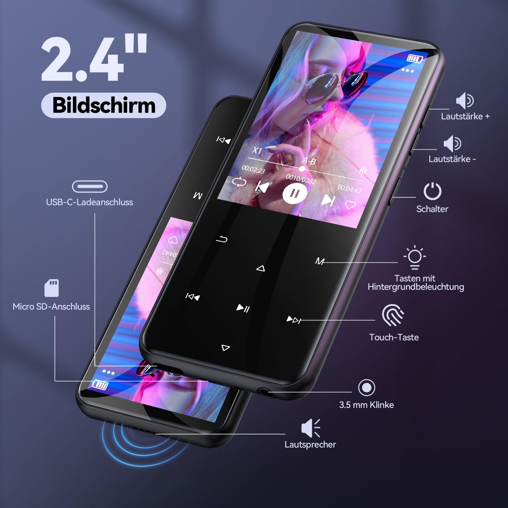AGPTEK 64GB MP3 Player Bluetooth 5.3 mit 2,4" TFT Farbbildschirm, HiFi Musik Kinder MP3 Player mit Lautsprecher, Touch-Tasten, FM-Radio, E-Book, Aufnahme, Unterstützung bis zu 128 GB, Schwarz