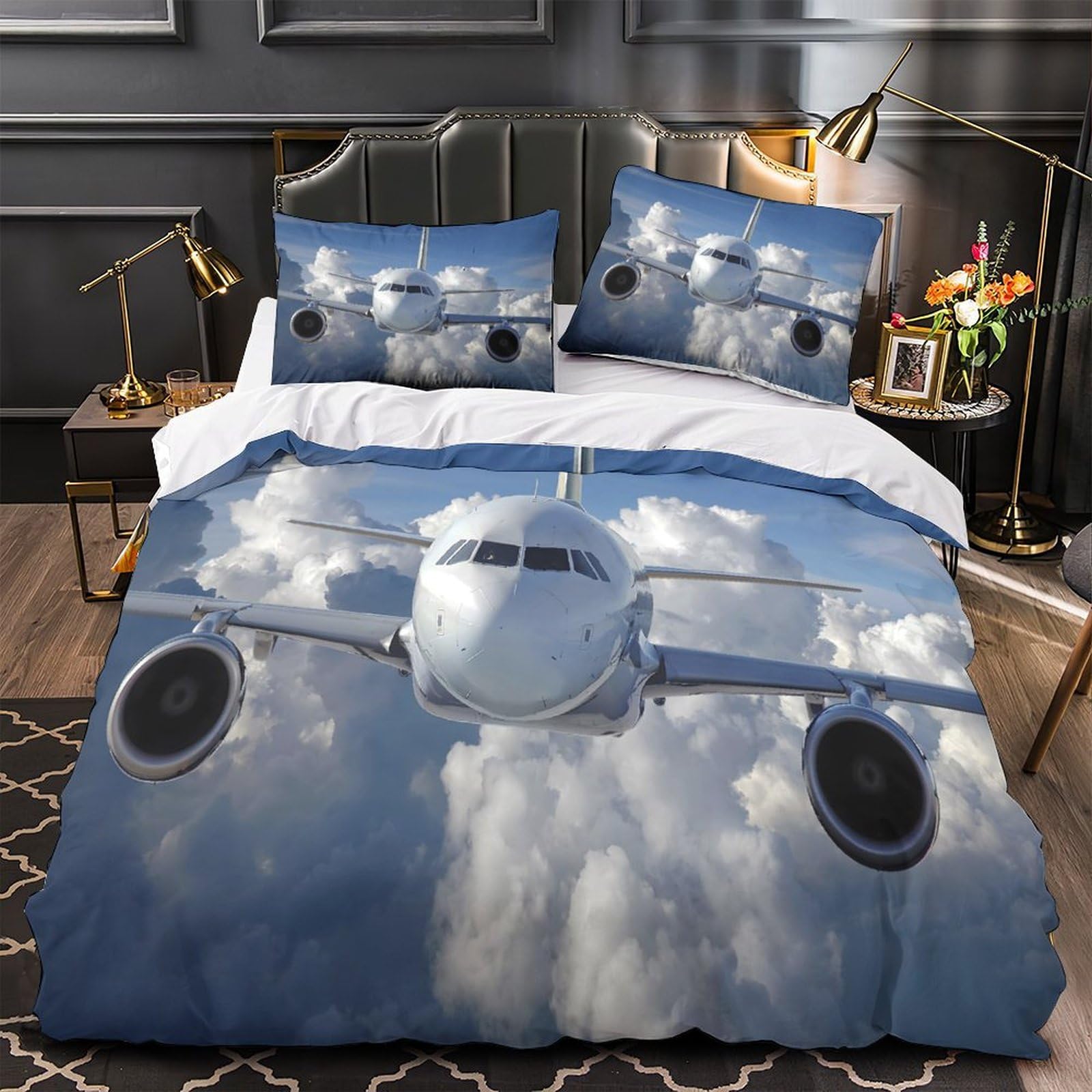 MMDASBVPE Airplane in Sky Quilt Cover 3D Print Anti-allergic 3 Pieces Bed Set Hidden Zipper Duvet Cover Ultra Soft All Season for Adults Kids Teens Women Youth Teenagers Single（135x200cm）