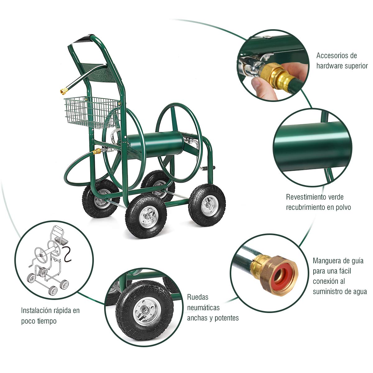 COSTWAY Carro Portamangueras Metal Carrito de Manguera de Jardín Reigo Soporte de Manguera Verde