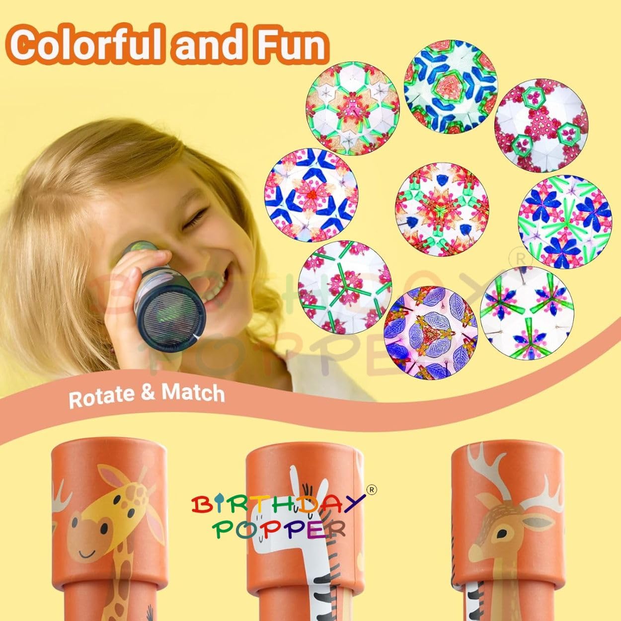 Birthday Popper Colourful Kaleidoscopes as Birthday Return Gifts for Kids | Set of 12 | Classic Rotating Prism Toys with Assorted Fun Designs | Party Favors, Goodie Bag Fillers, and Educational Toys - Image 3 thumbnail