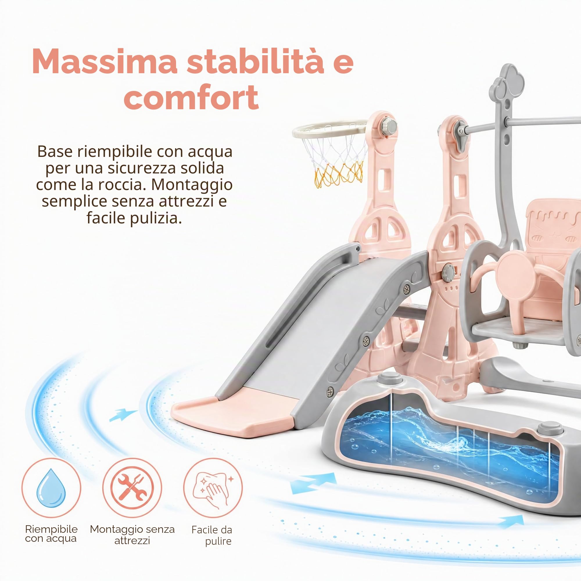 Scivolo per bambini per esterni, 4 in 1, con scivolo, altalena, struttura per arrampicata, canestro da basket, per interni ed esterni, scivolo autoportante, parco giochi per bambini piccoli