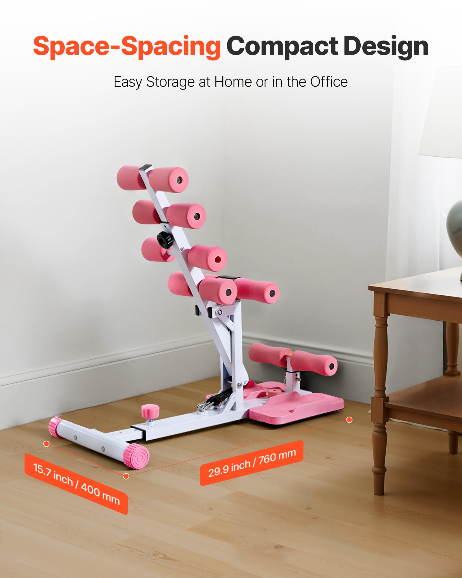 VEVOR Máquina de Sentadillas Profundas Ajustable, con 3 Bandas de Resistencia, Entrenador de Core y Glúteos Plegable, para Gimnasio en Casa, Rosa y Blanco, Carga de 136 kg, 800 x 400 x 760 mm
