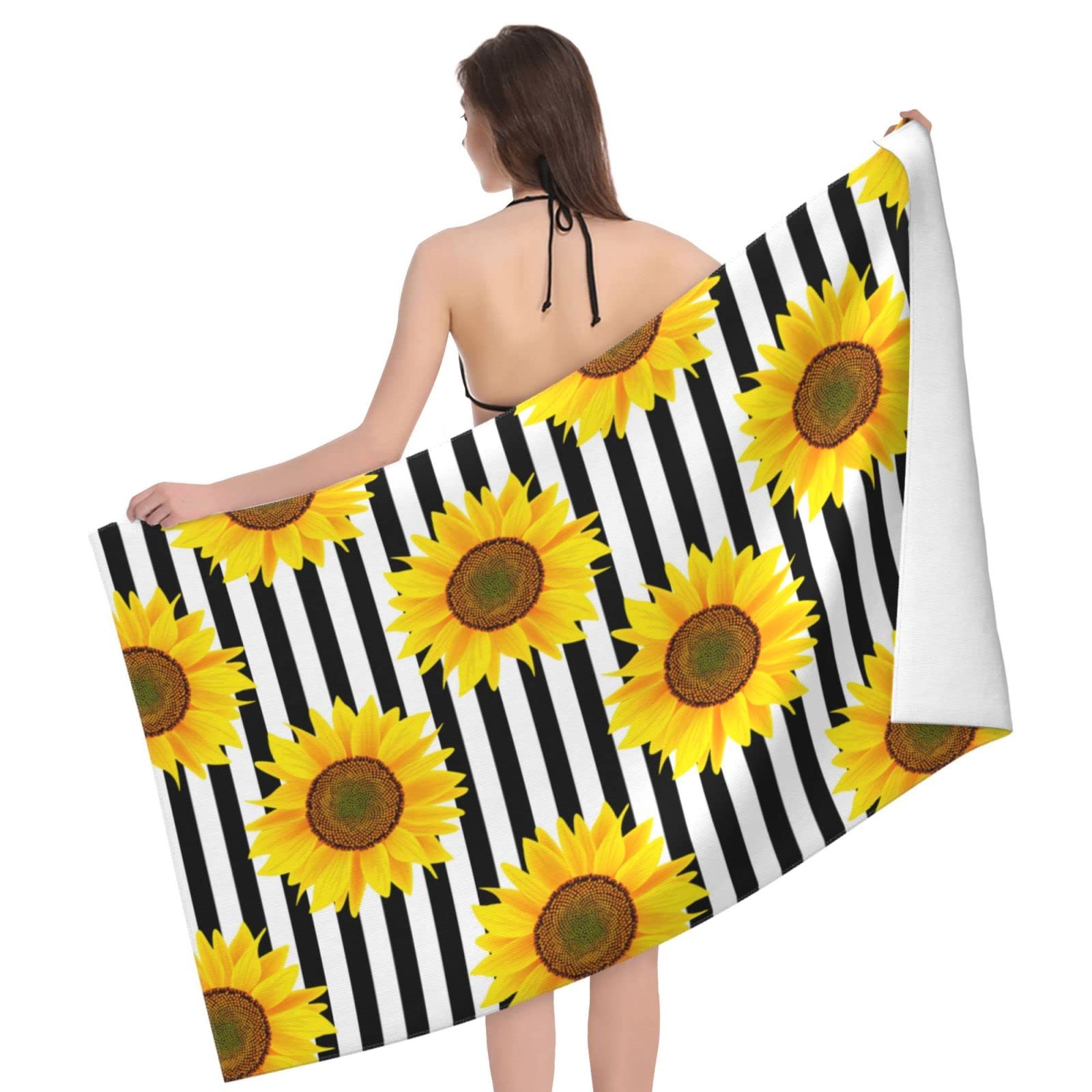 Photo 1 of JOOCAR Striped Sunflower Beach Towel Microfiber Soft Absorbent Oversized Bath Towel Thin Quick Dry Lightweight Large Swim Blanket 32x52 Inch for Sports Pool Travel Bath Camping Yoga for Women Girls