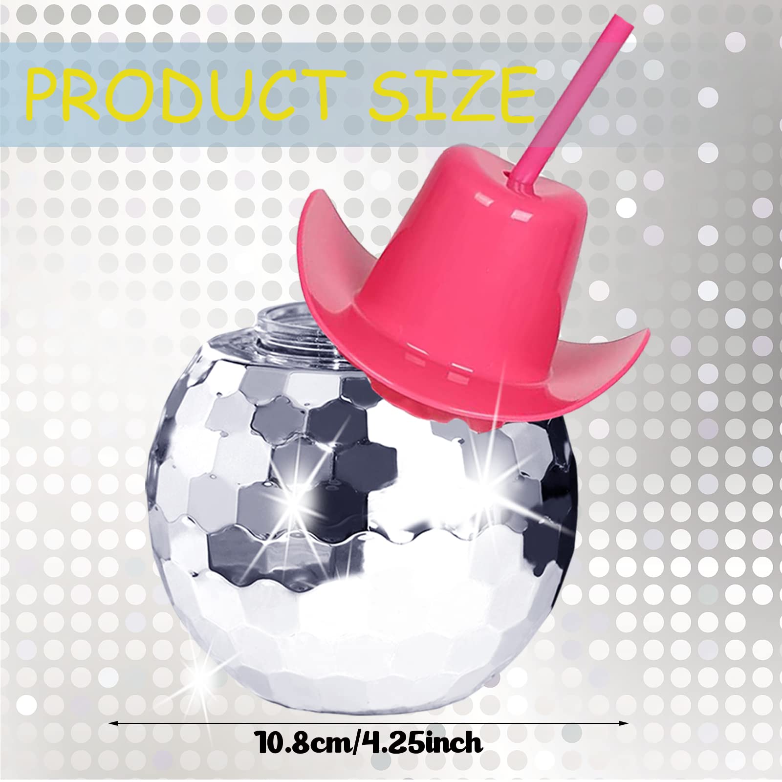 Tongnian Disco Ball Cups,6 Pcs Silver Disco Cups with Cowboy Hat Lid and Straw, Sparkly Glitter Disco Ball Tumbler Pink Western Cowgirl Hat Disco Ball Cocktail Cup for Party Supplies