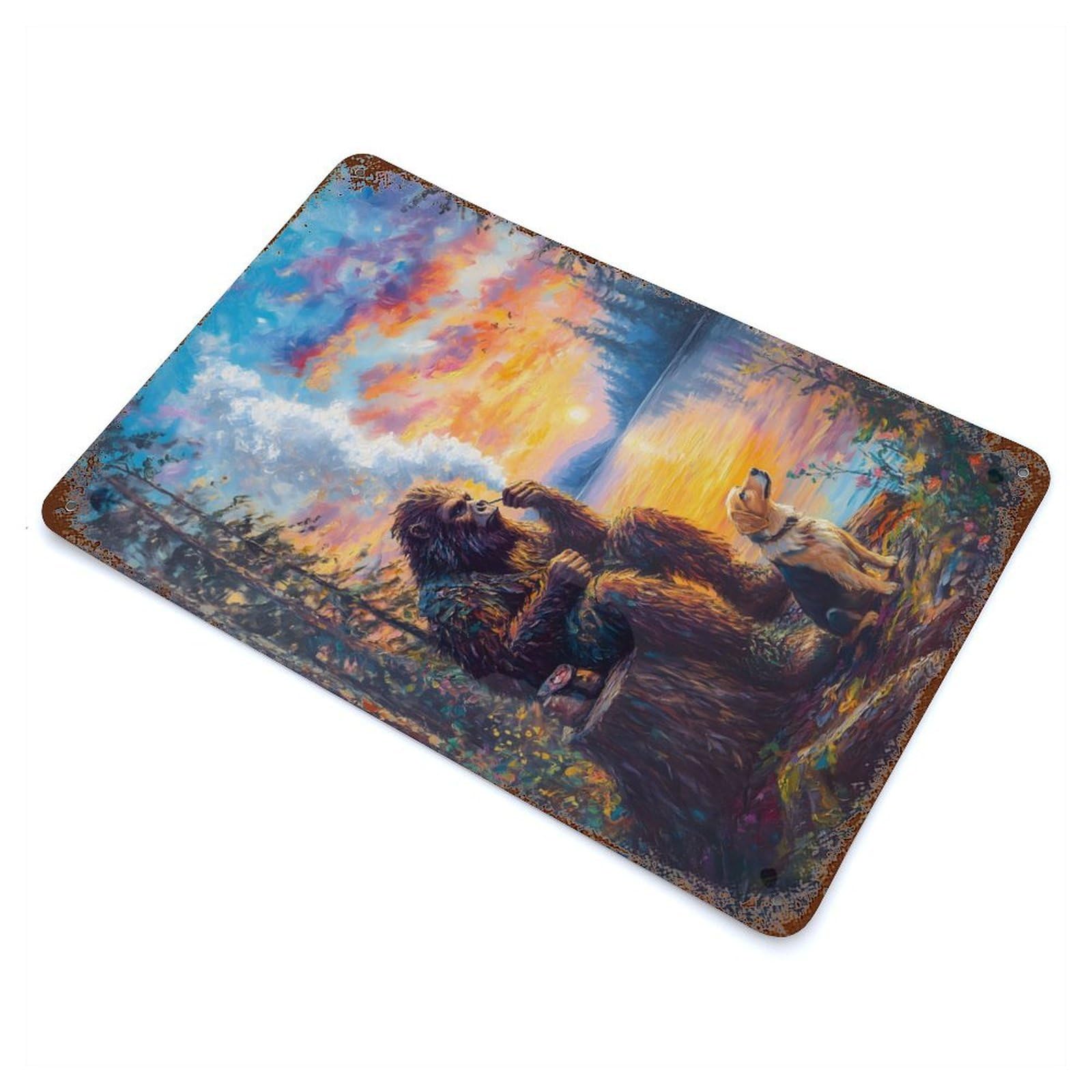 Distressed Metal Wall Sign with Bigfoot Sunset Design 11.8"x7.9", for Farmhouse, Kitchen And Entryway Decor, Old School Wall Decor