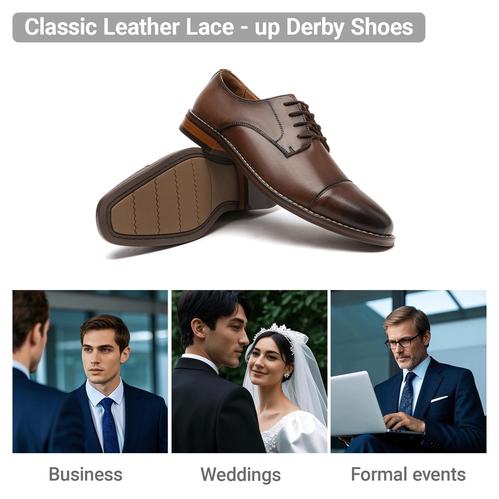 Poerkan Zapatos Derby cómodos y elegantes con cordones para hombre, color negro y marrón para cada ocasión
