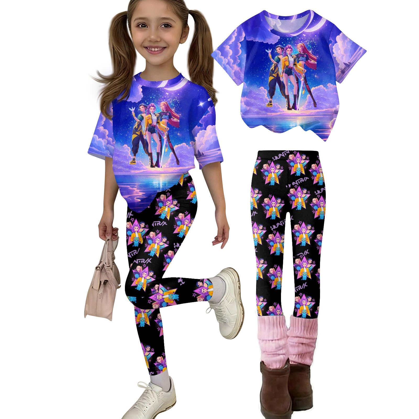 K Pop Short Sleeve T-Shirt and Pants Outfits Set for Girls Hunters Cute Girl's Anime Graphic Tees De-Mon Kids — view 7