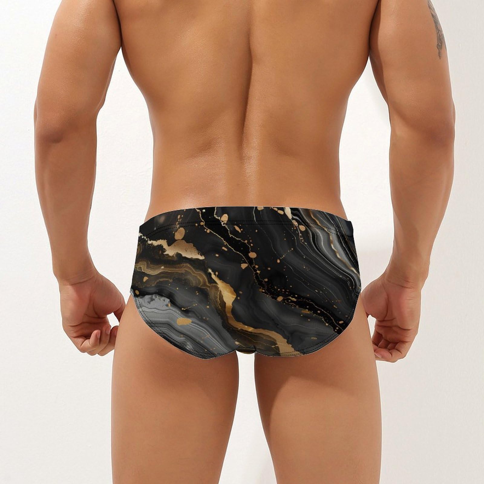 Black and Gold Abstract Marble Texture Mens Swim Briefs Quick Dry Swim Trunk Bikini Underwear Swimsuit M
