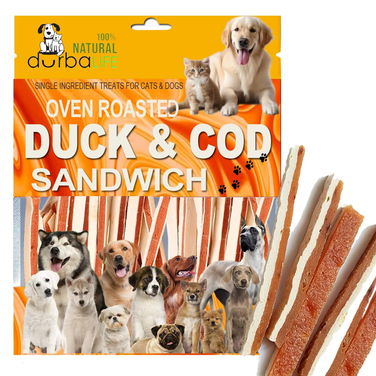 Oven Roasted Single Ingredient Treats for Dogs & Cats | Easy Chew (3.1 oz, Duck & Cod Sandwich)