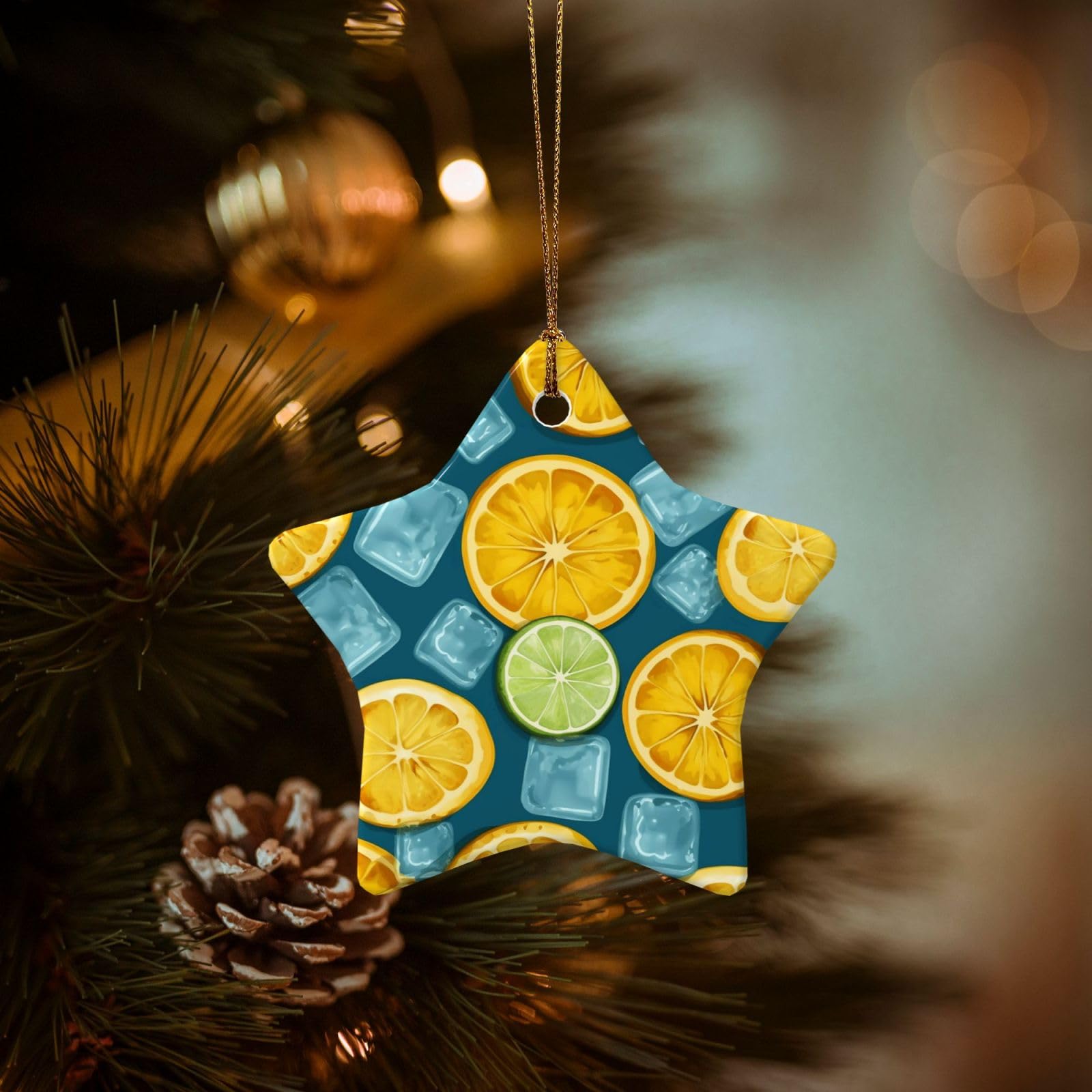 Christmas Tree Ornaments Ceramics Christmas Decorations Ice Cubes and Lemon Ornaments with Gold Ribbon Porcelain Xmas Tree Crafts Star Shape Hanging Pendant for Christmas Tree Party Decor