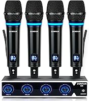 Vista 10 de Sistema de micrófono inalámbrico recargable de 4 canales Pro, auriculares de mano de metal UHF Lavalier Micrófonos de solapa inalámbricos