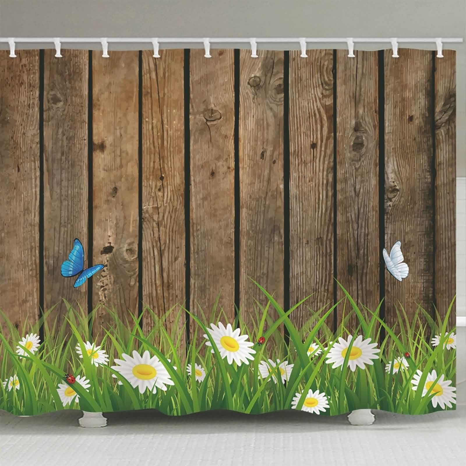 Duschvorhang Braun, Hölzern Tafel Schmetterling Sonneblumen Muster Badvorhang Polyester Anti-Schimmel Schnell Trocknend mit Duschvorhangringen
