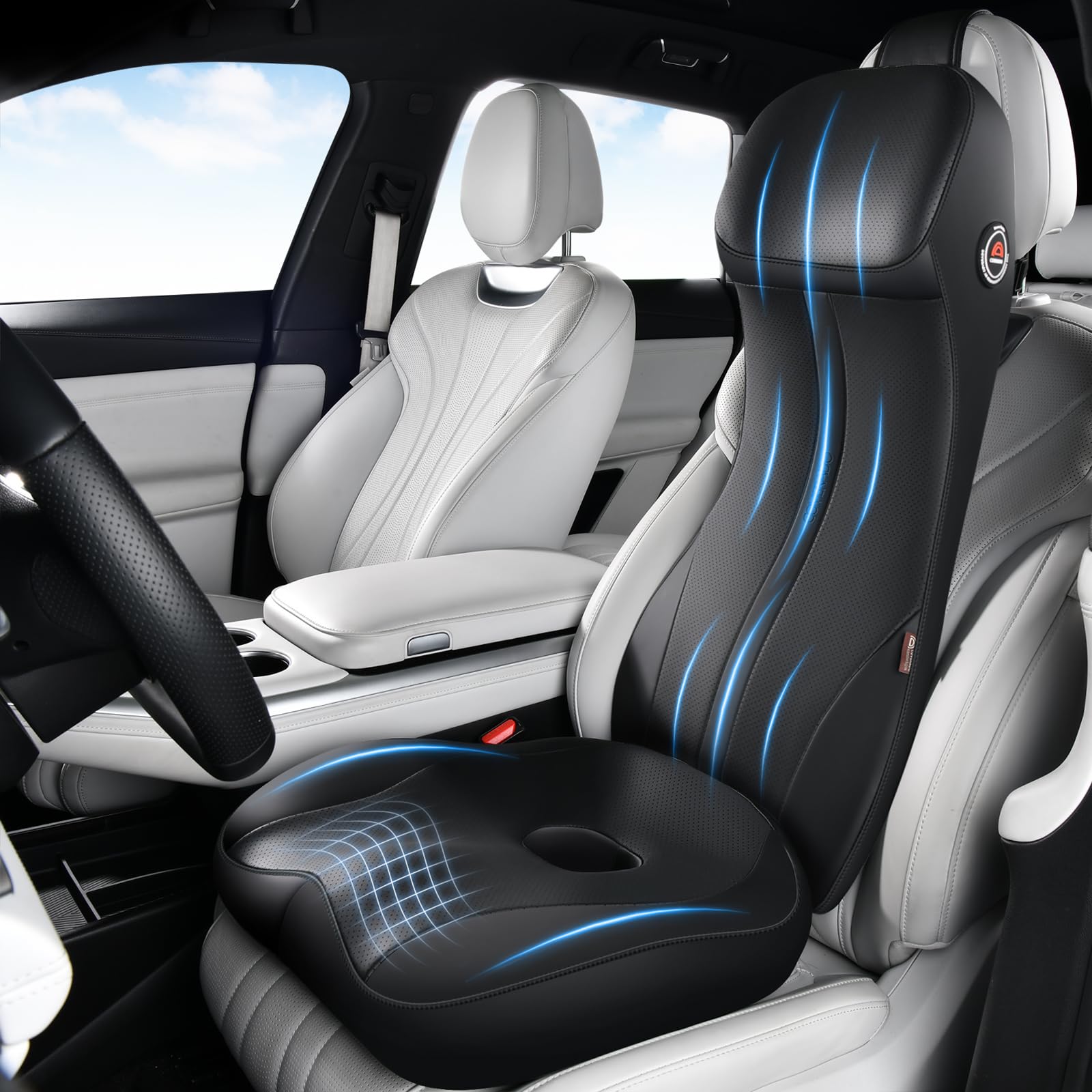 Coverado Car Seat Cushion and Lumbar Support Headrest Pillow, Integrated Ergonomic Memory Foam Back Support Neck Pillow, Soft Leather Breathable Driving Seat Cushion for Sciatica Pain Relief, Black